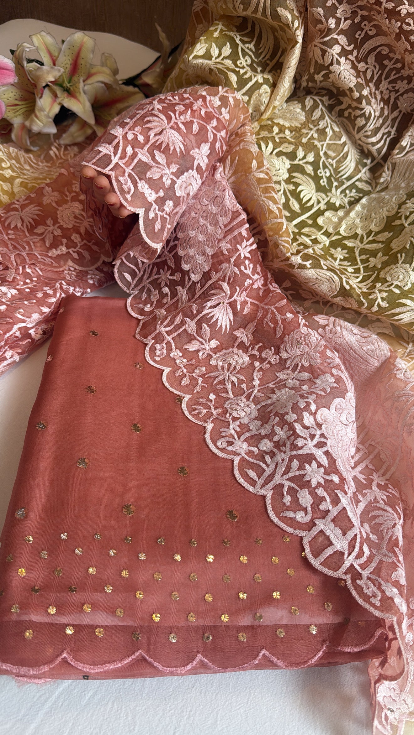 Shades of peach yellow - Parsi gara kora silk resham and mukaish work hand embroidered suits