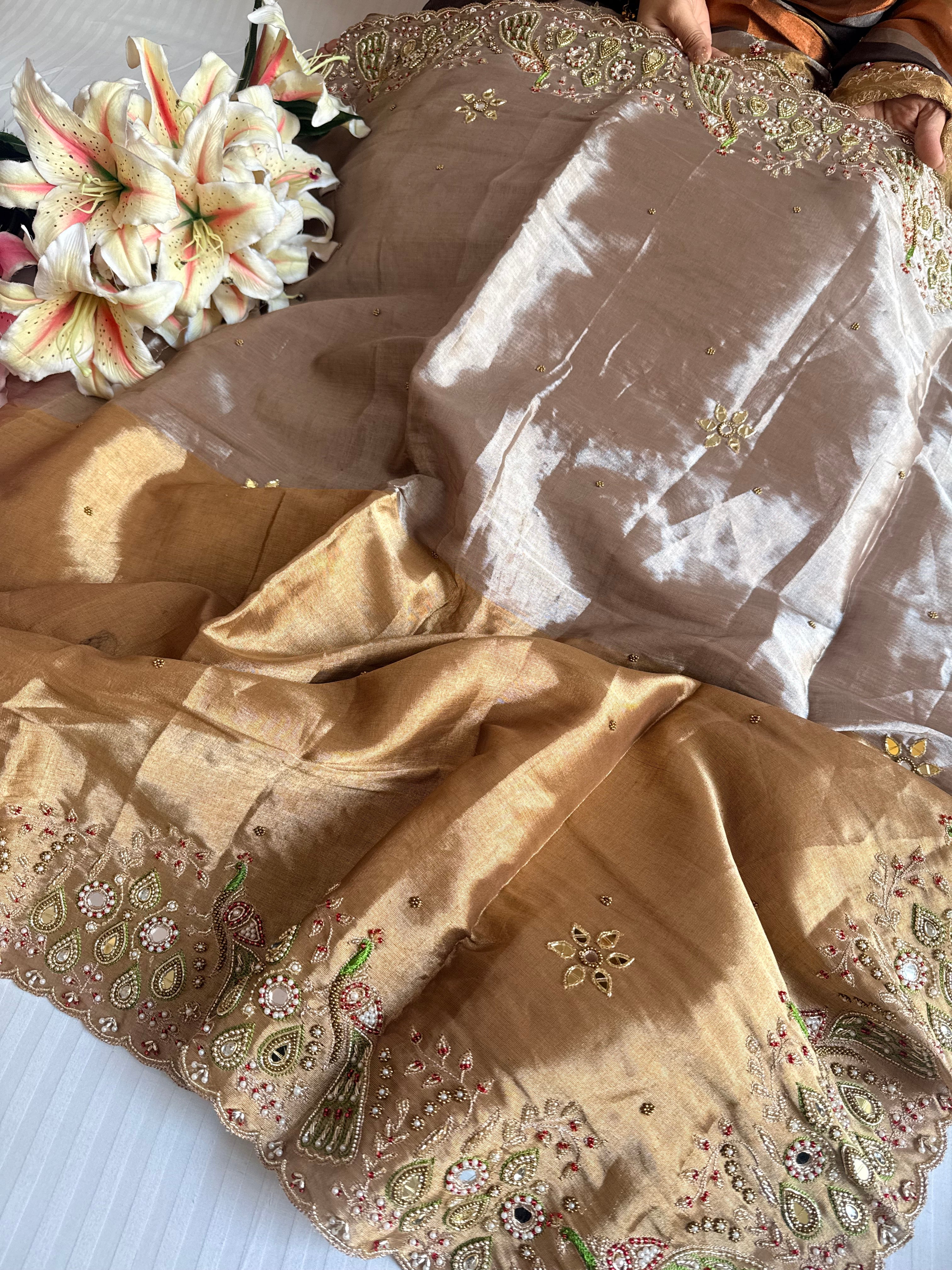 Kanjivaram banarasi tissue silk hand embroidered kadhwa saree with katan silk blouse