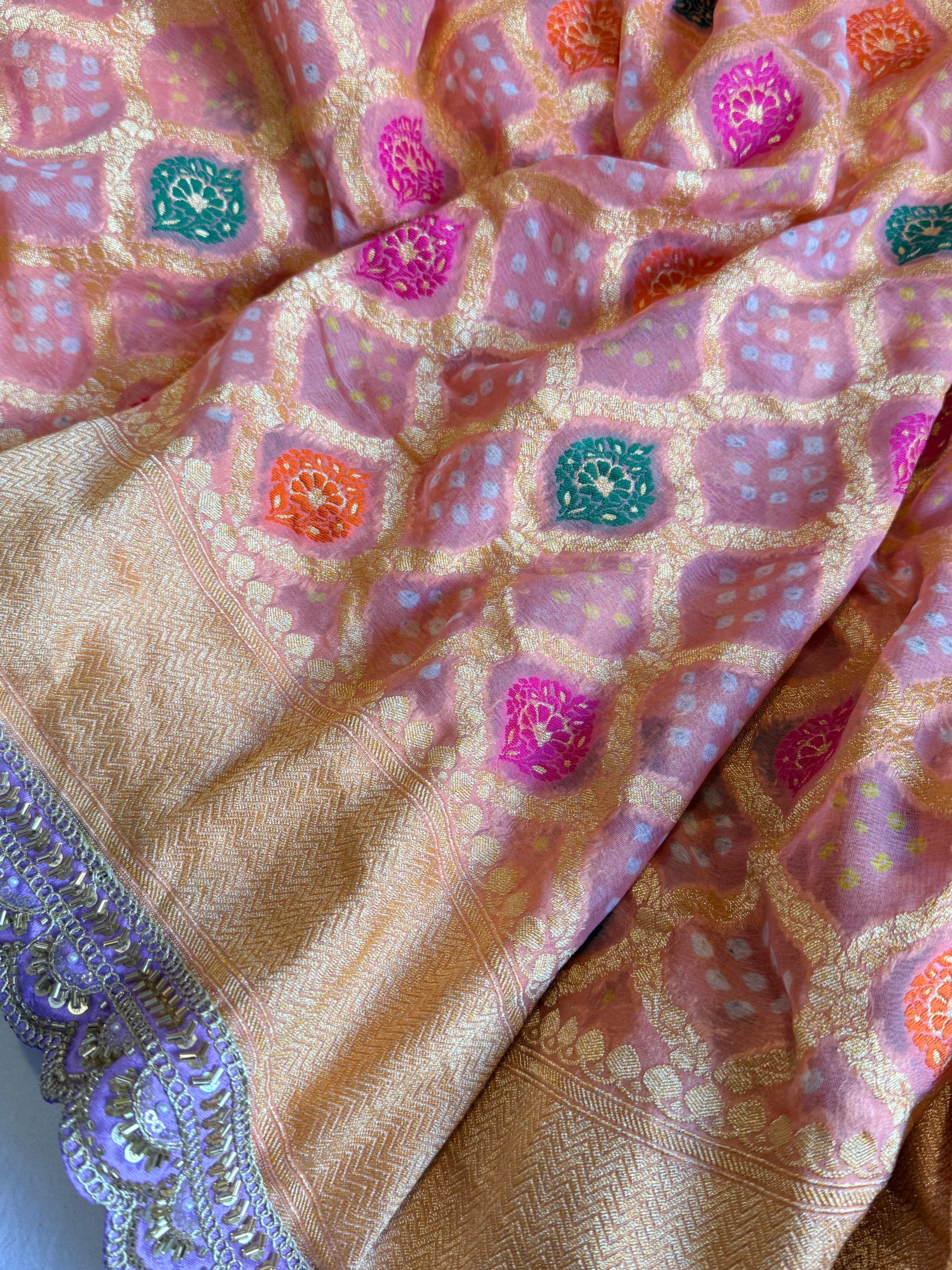 Banarasi blush shades of chiffon rai bandhej mirror work gotapatti saree