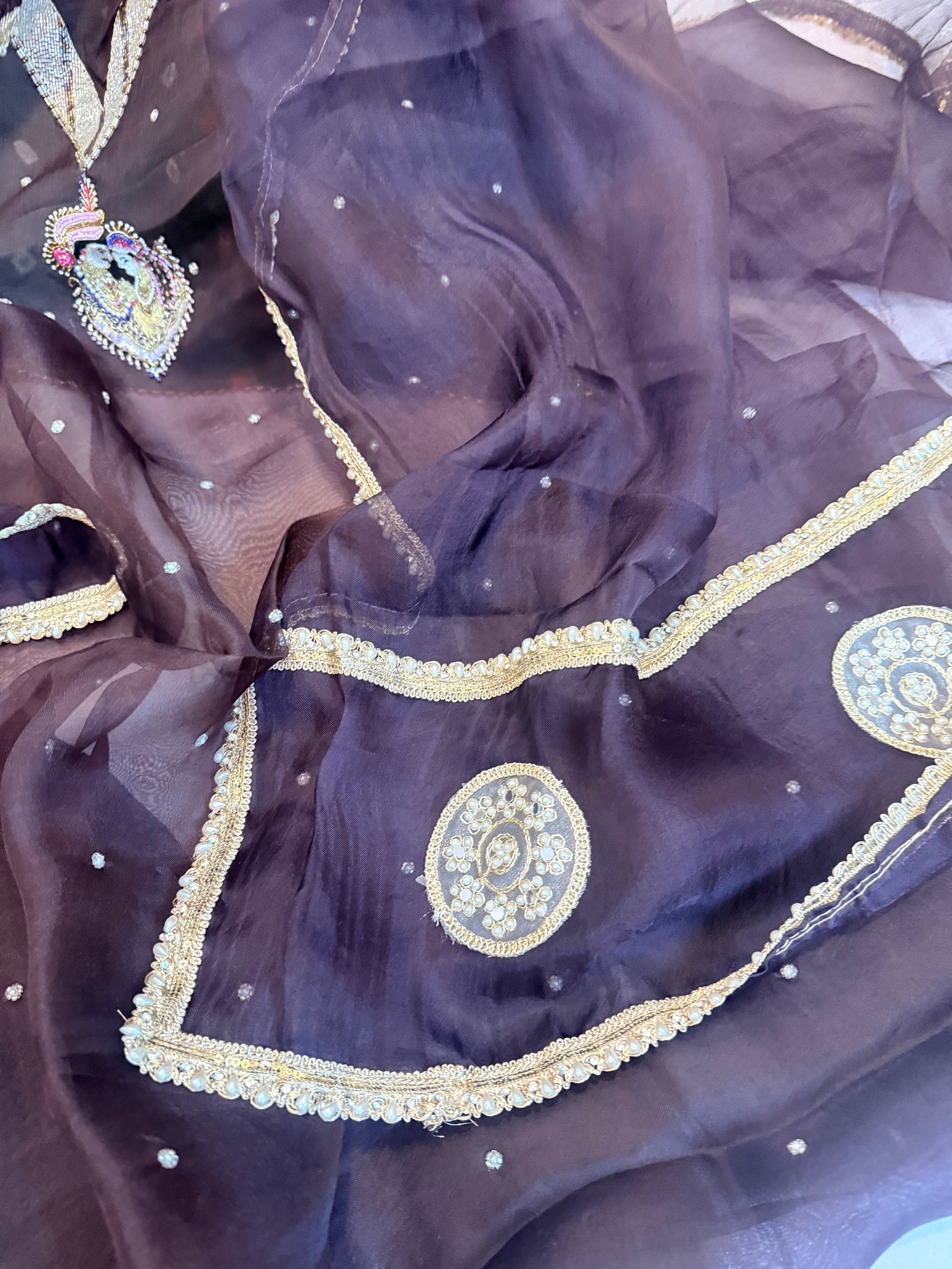 Chocolate brown kora silk gotapatti hand embroidered suit set