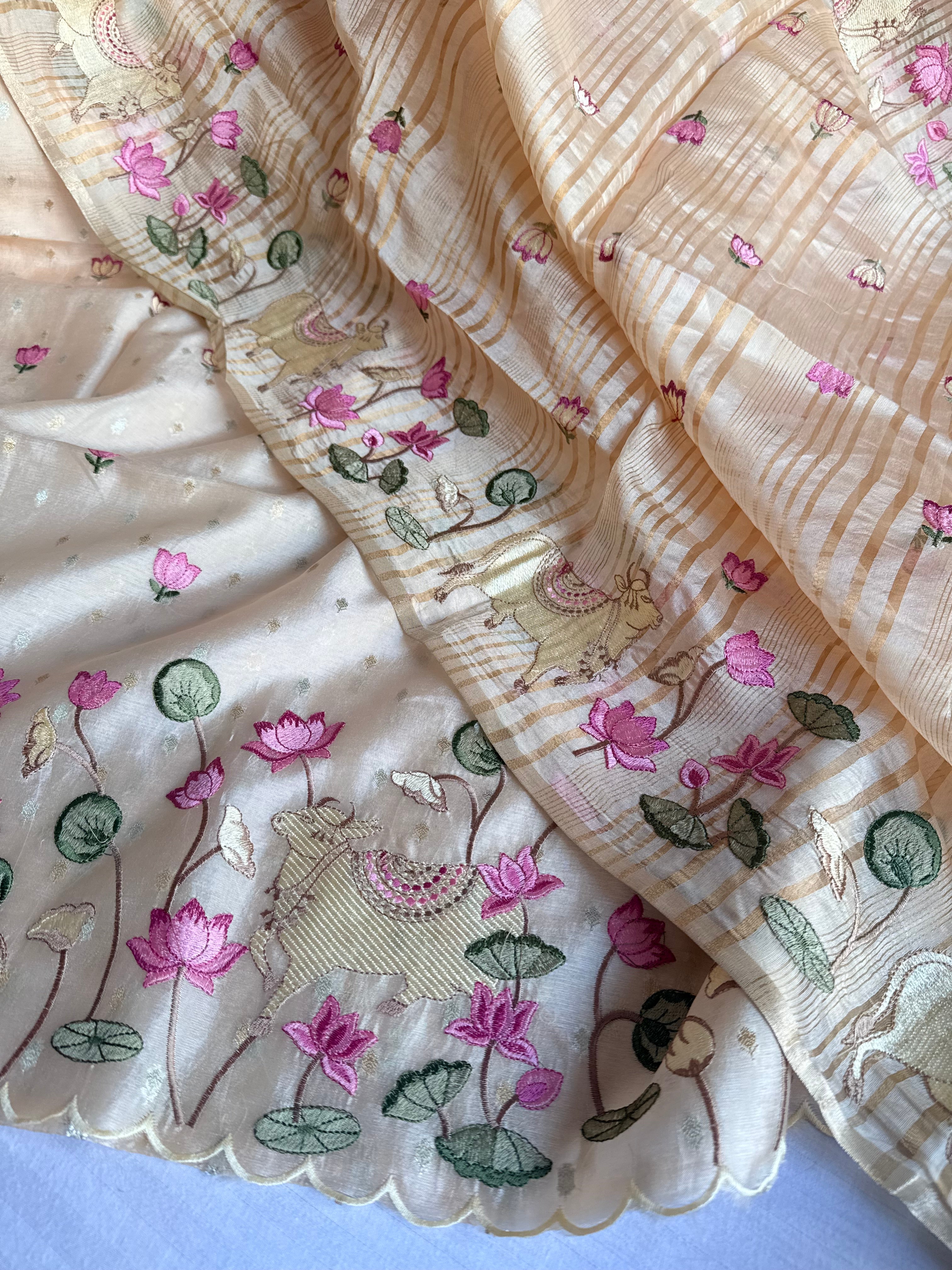 Suits under 10k - Spun chiniya silk parsi gara hand embroidered suit set