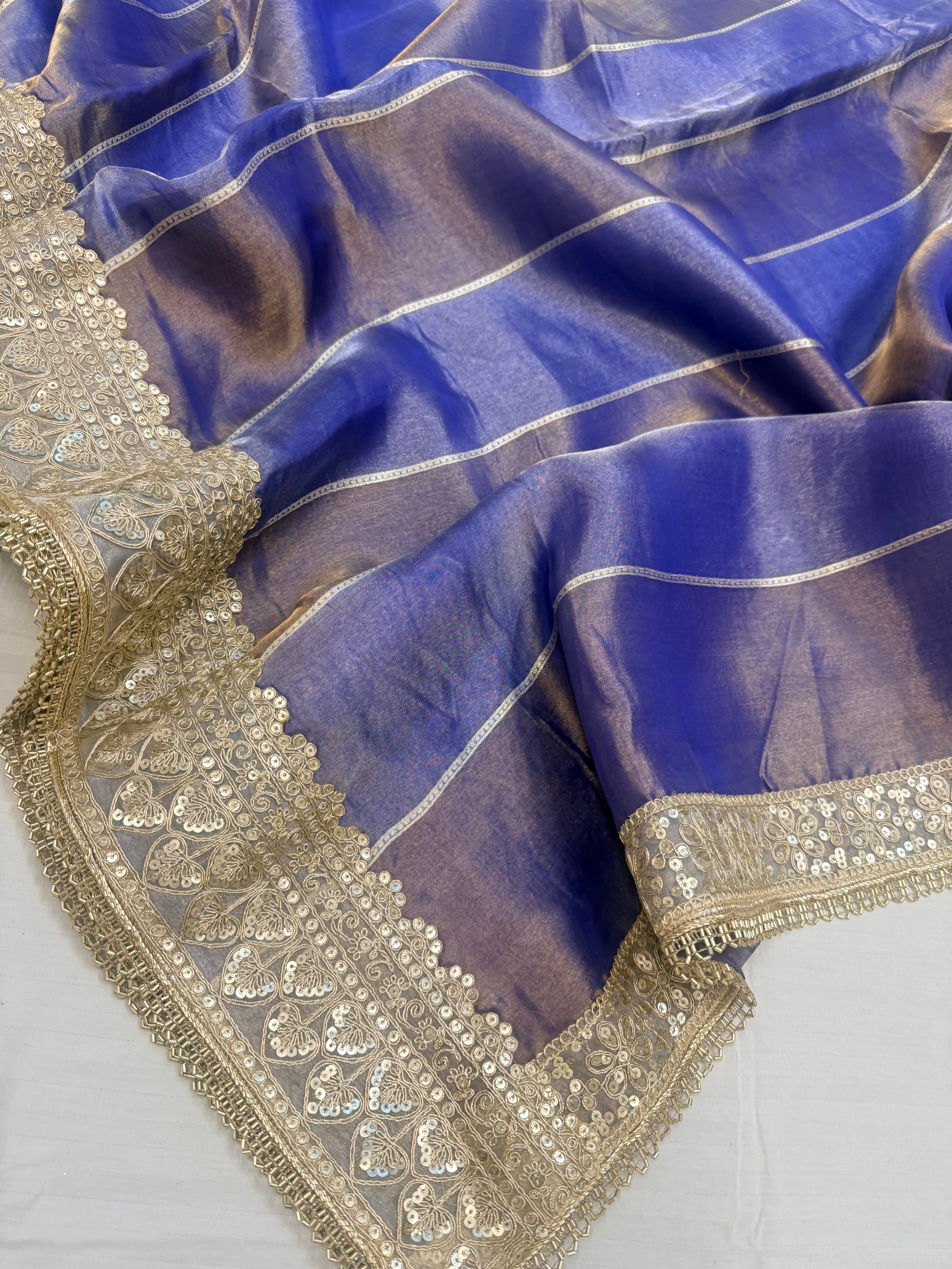 Violet purple tissue silk striped kadhwa gotapatti saree