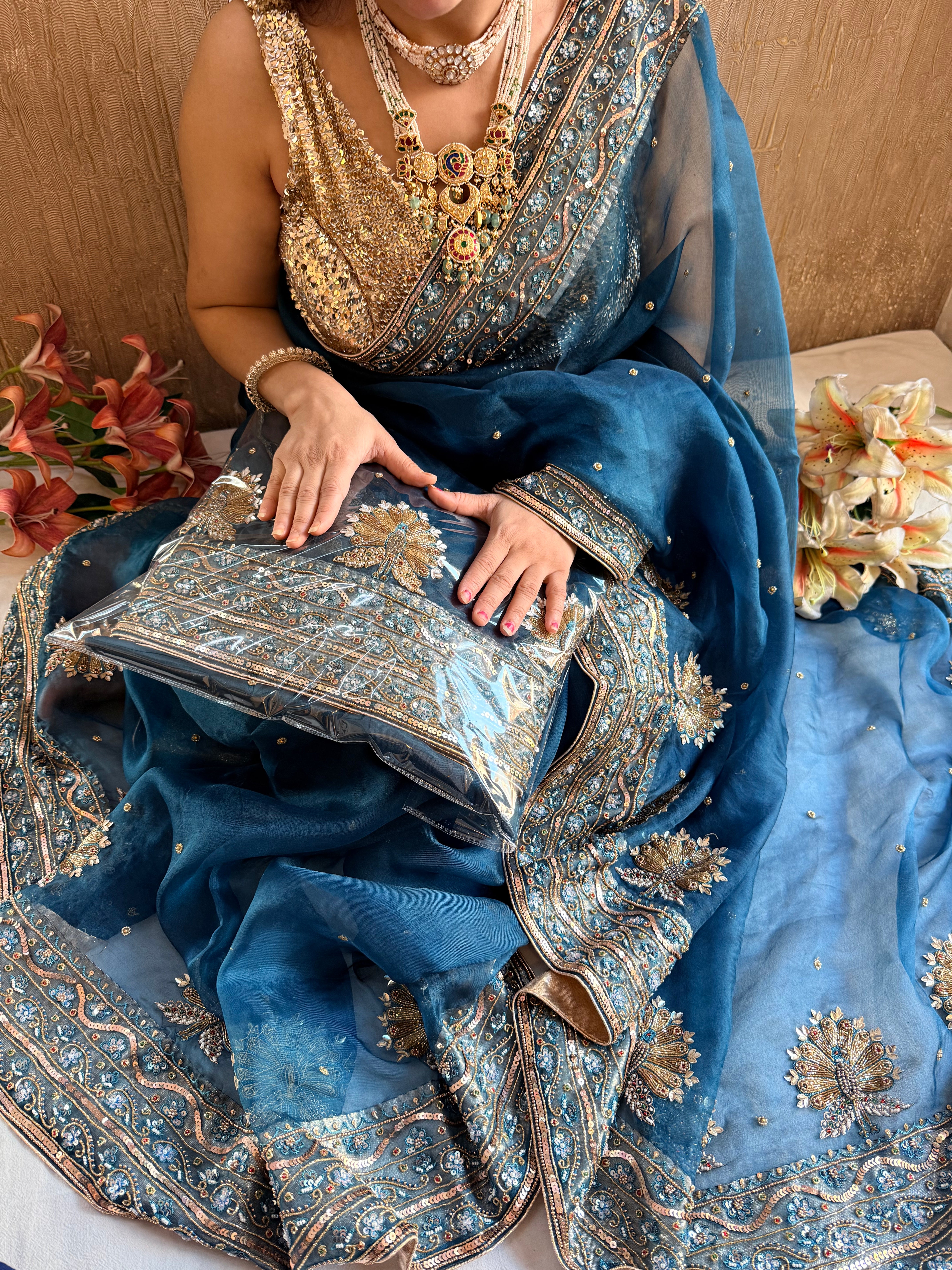 Morpankh edit - Peacock blue kora silk zardozi hand embroidered mor motif saree