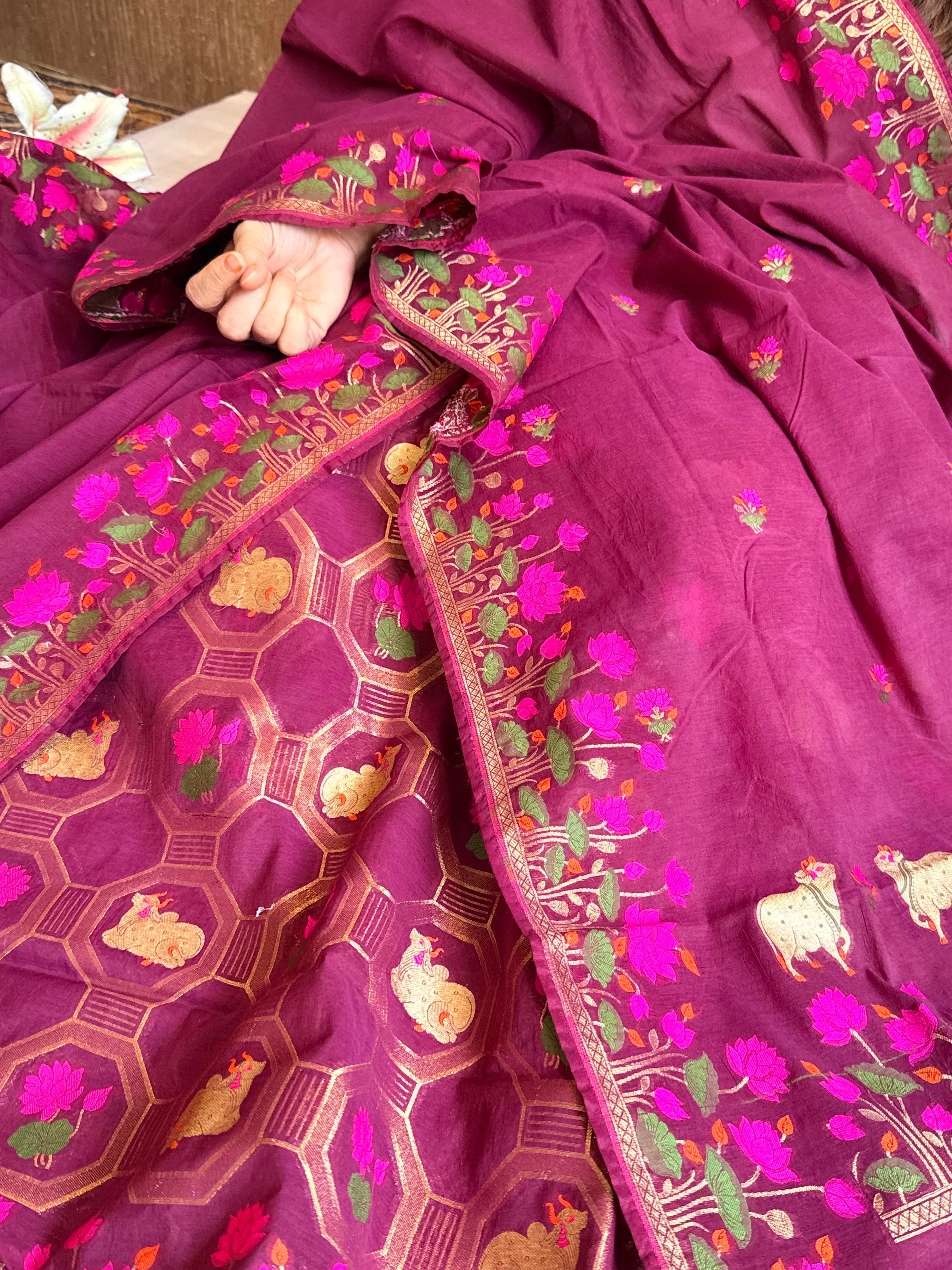 Mul cotton banarasi meenakari nandu motif suit sets