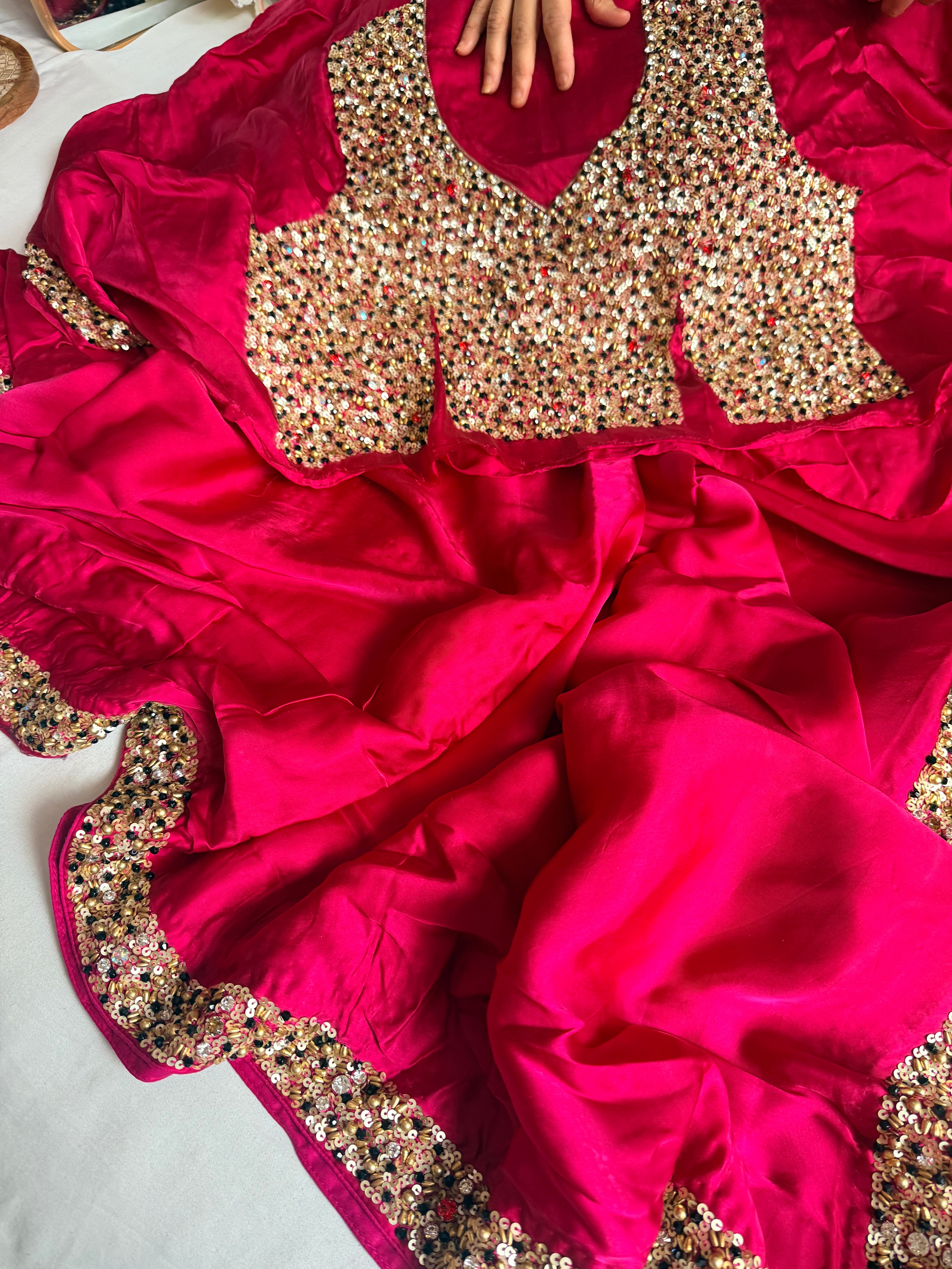 Mashru banarasi satin-sequin work hand embroidered cocktail edit saree