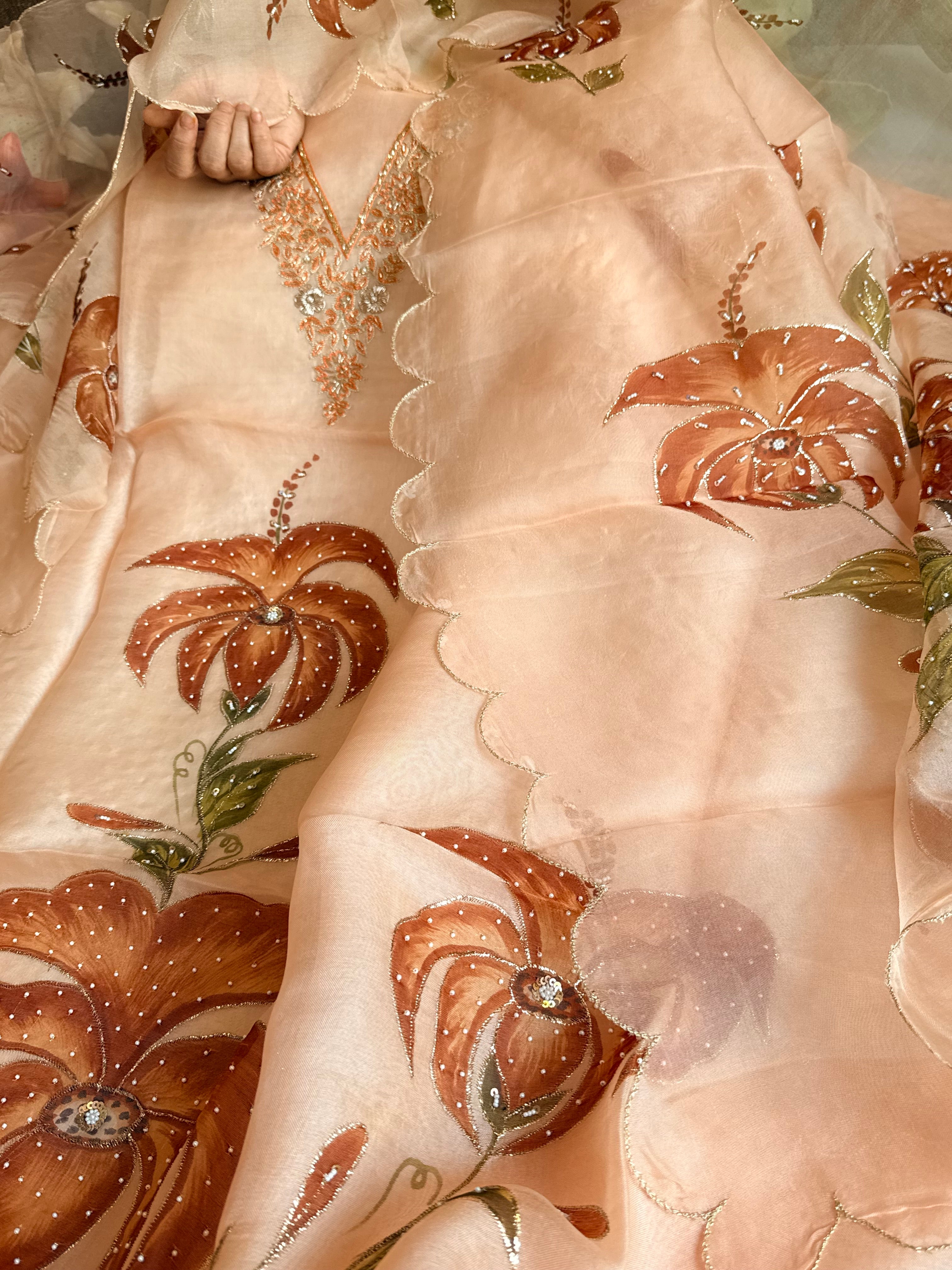 Banarasi Kora silk hand embroidered floral printed suit set