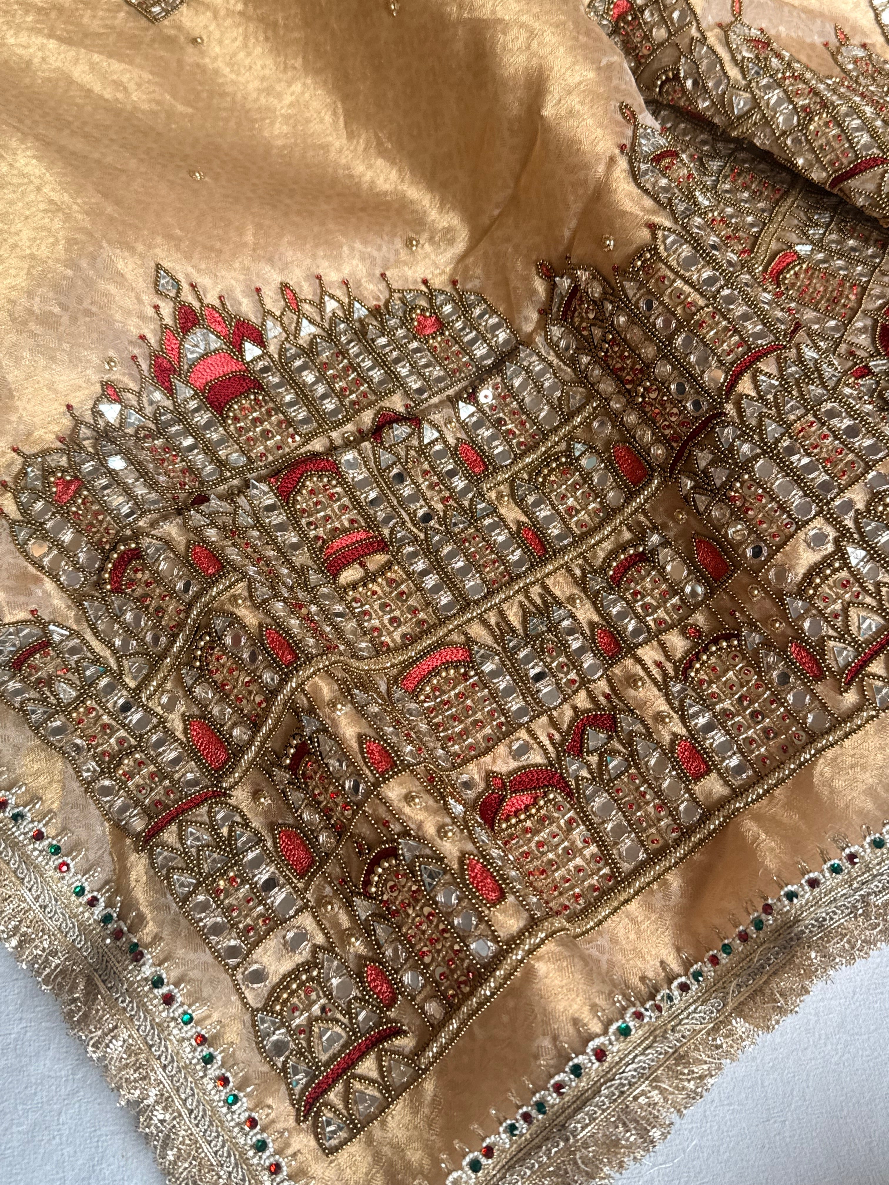 Sheeshmahal golden tissue silk hand embroidered mirrorwork