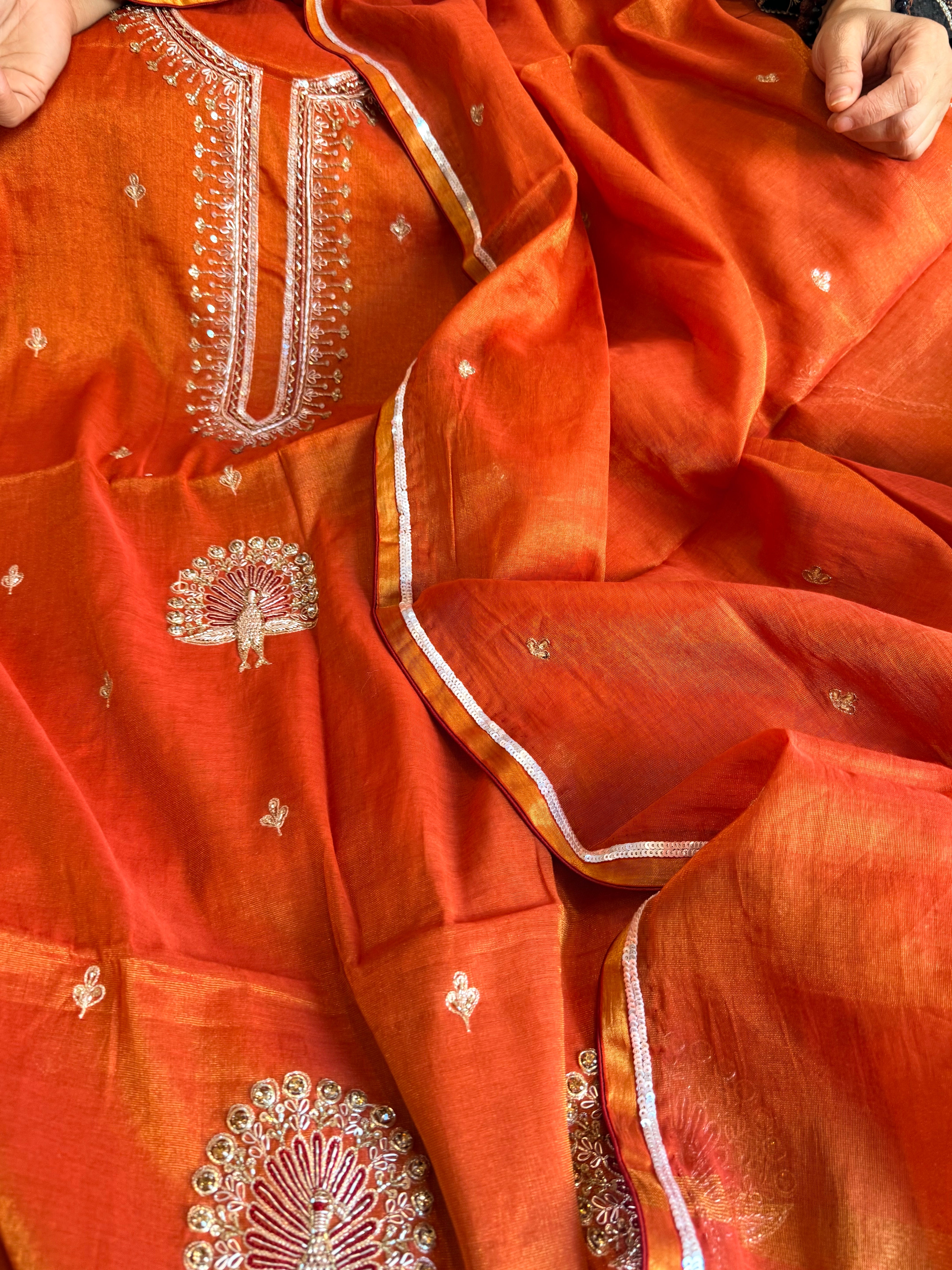 Fanta orange mul cotton silk tissue hand embroidered kadhwa suit set