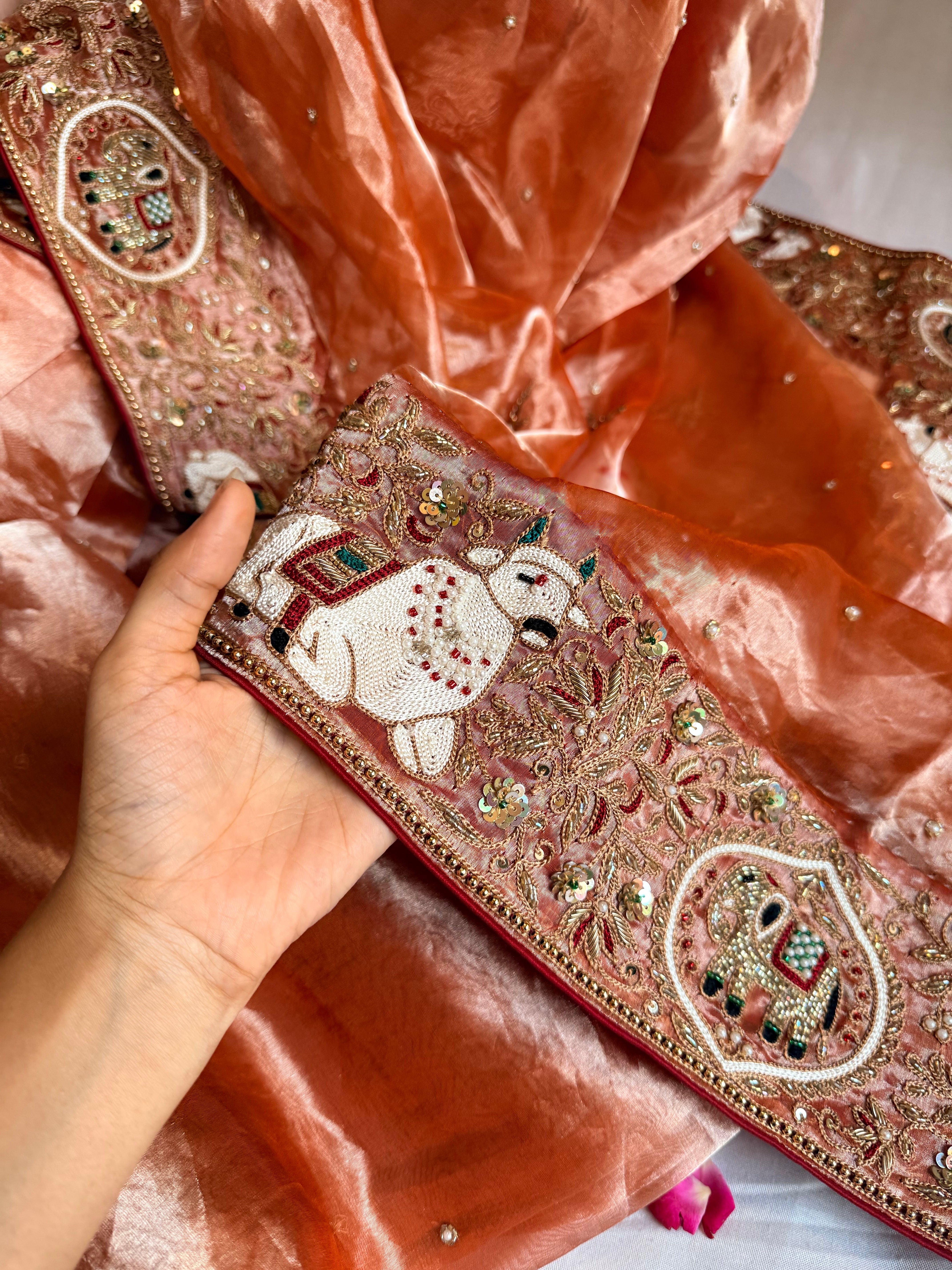 Chandramukhi edit - Fanta orange diamond tissue silk hand embroidered saree