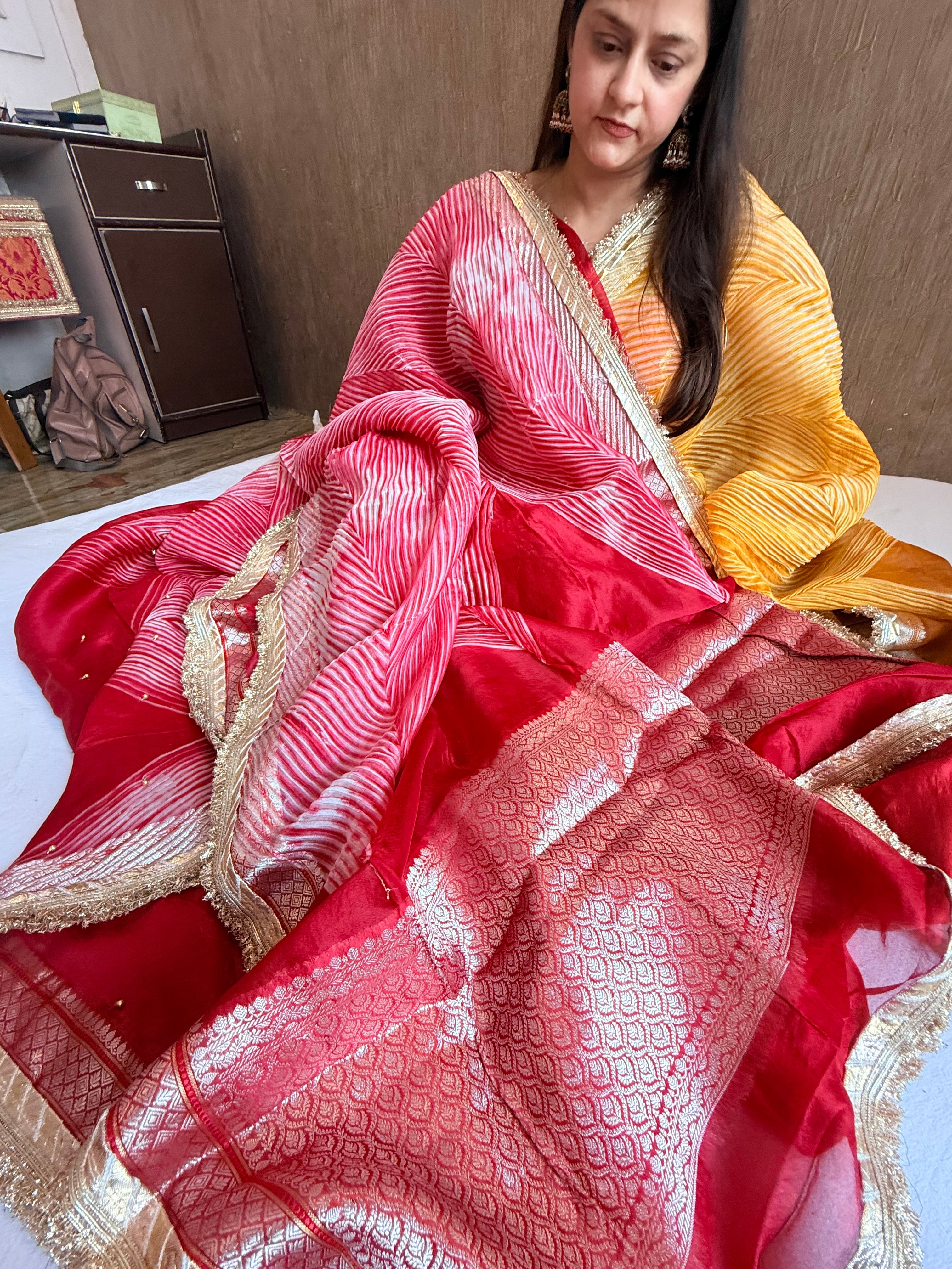 Arshi dye ghungro work kora silk banarasi kadhwa weaving saree