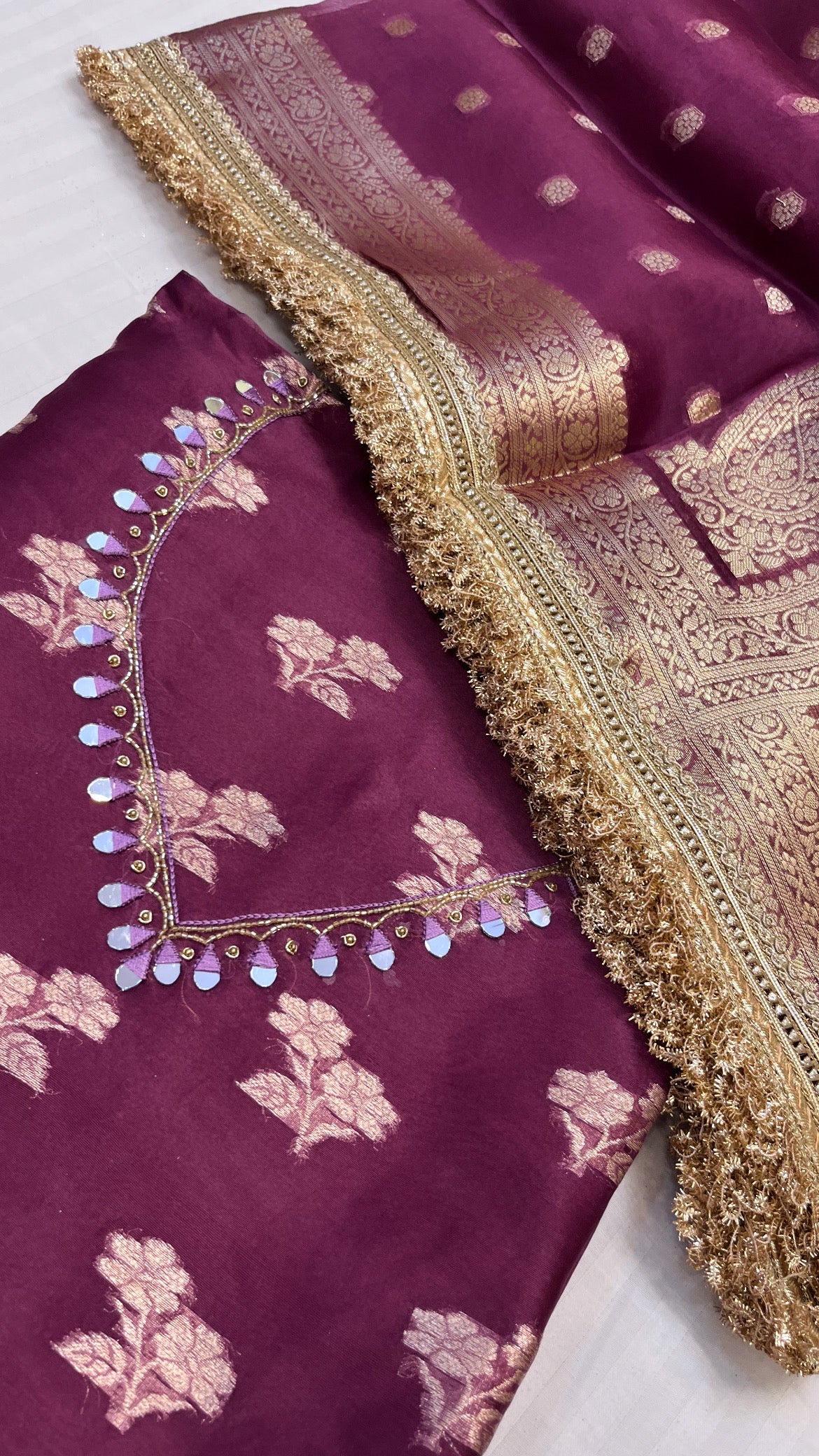 Heeramandi plum kora silk gotapatti hand embroidered suit set
