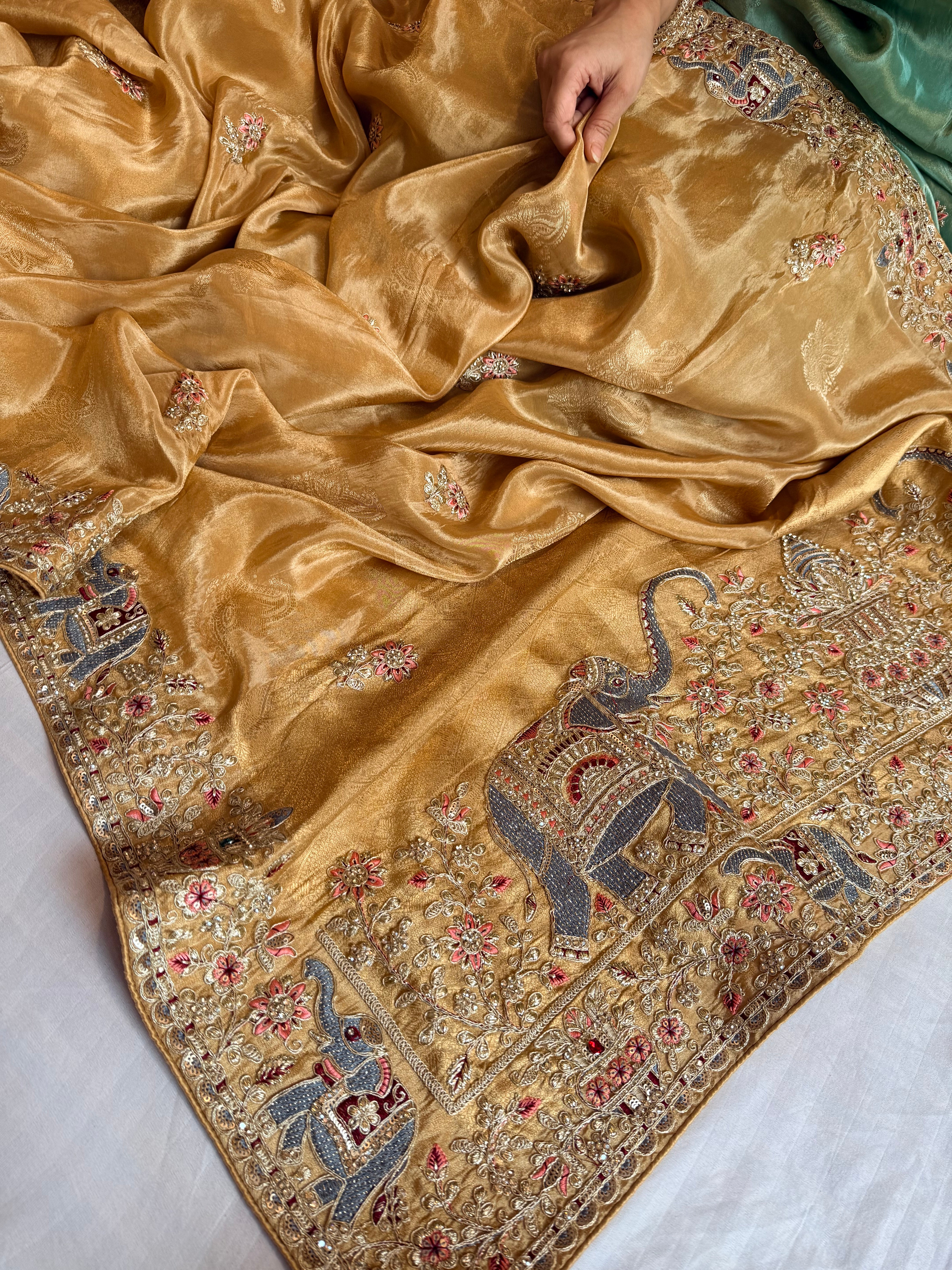 Butter gold hathi wali crepe tissue silk embroidered saree