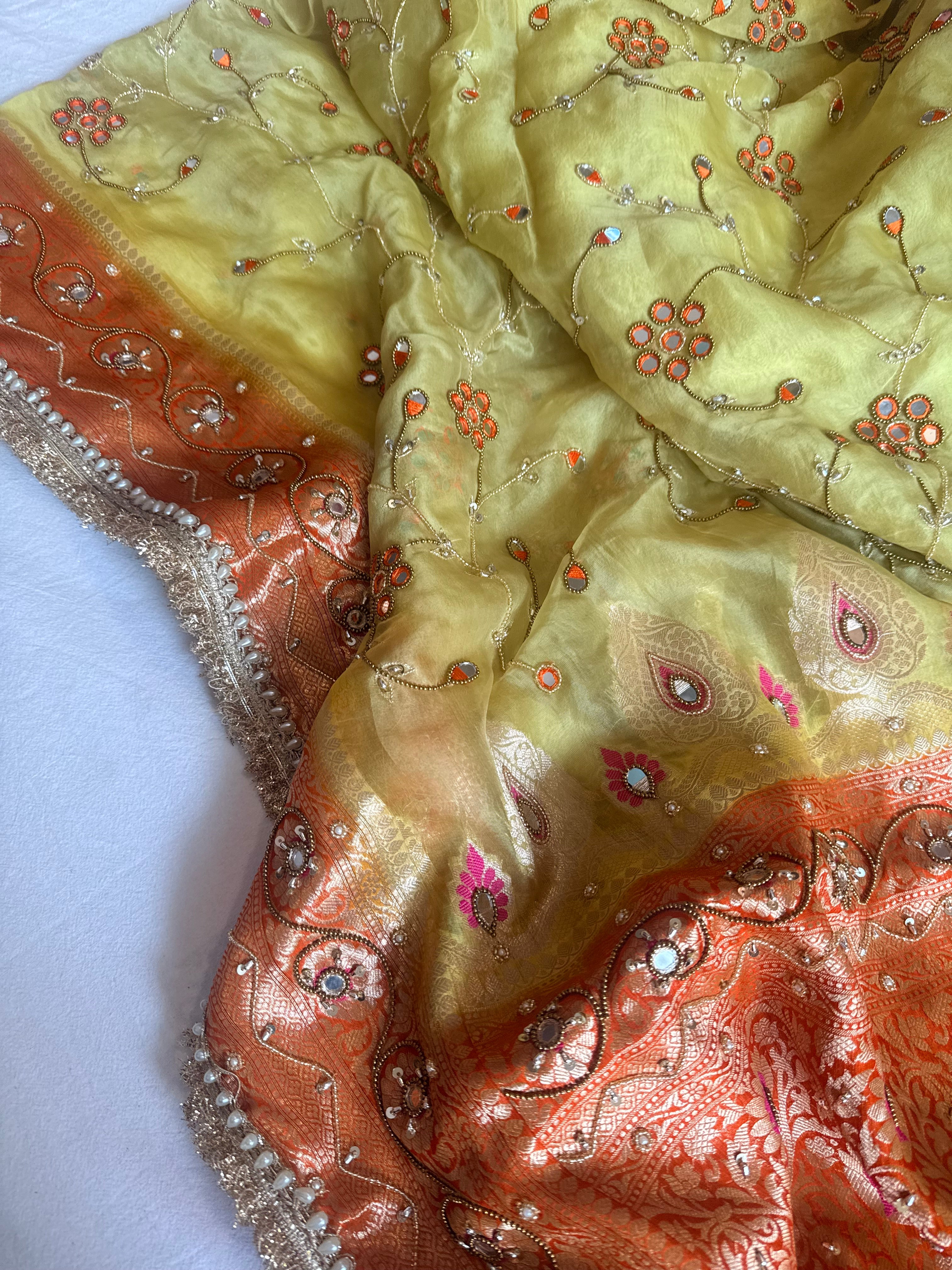 Haldi yellow-sindoori orange husn kora silk mirror work hand embroidered saree