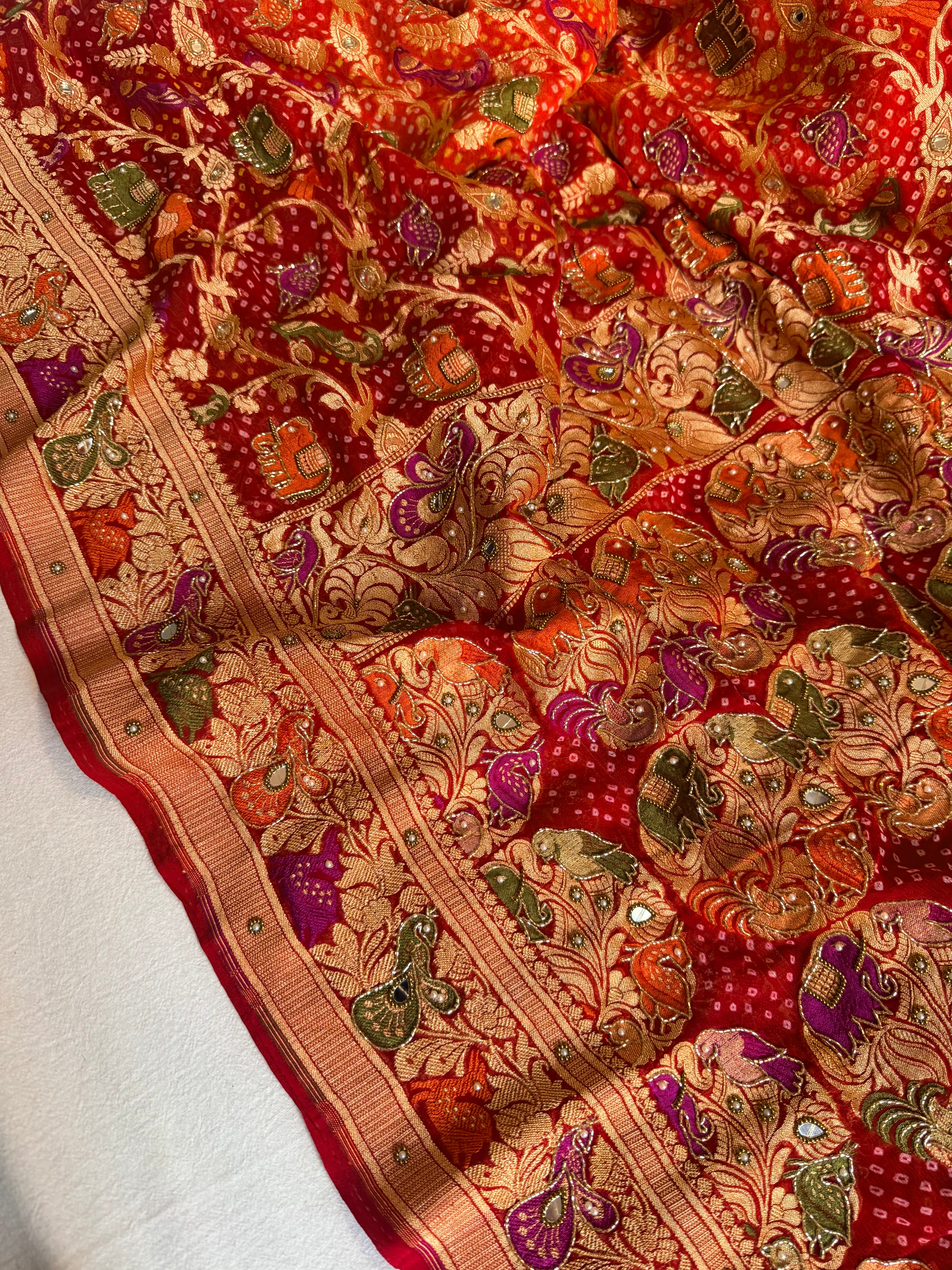 Banarasi chiffon gorgette rai bandhej kadhwa weaving hand embroidered saree
