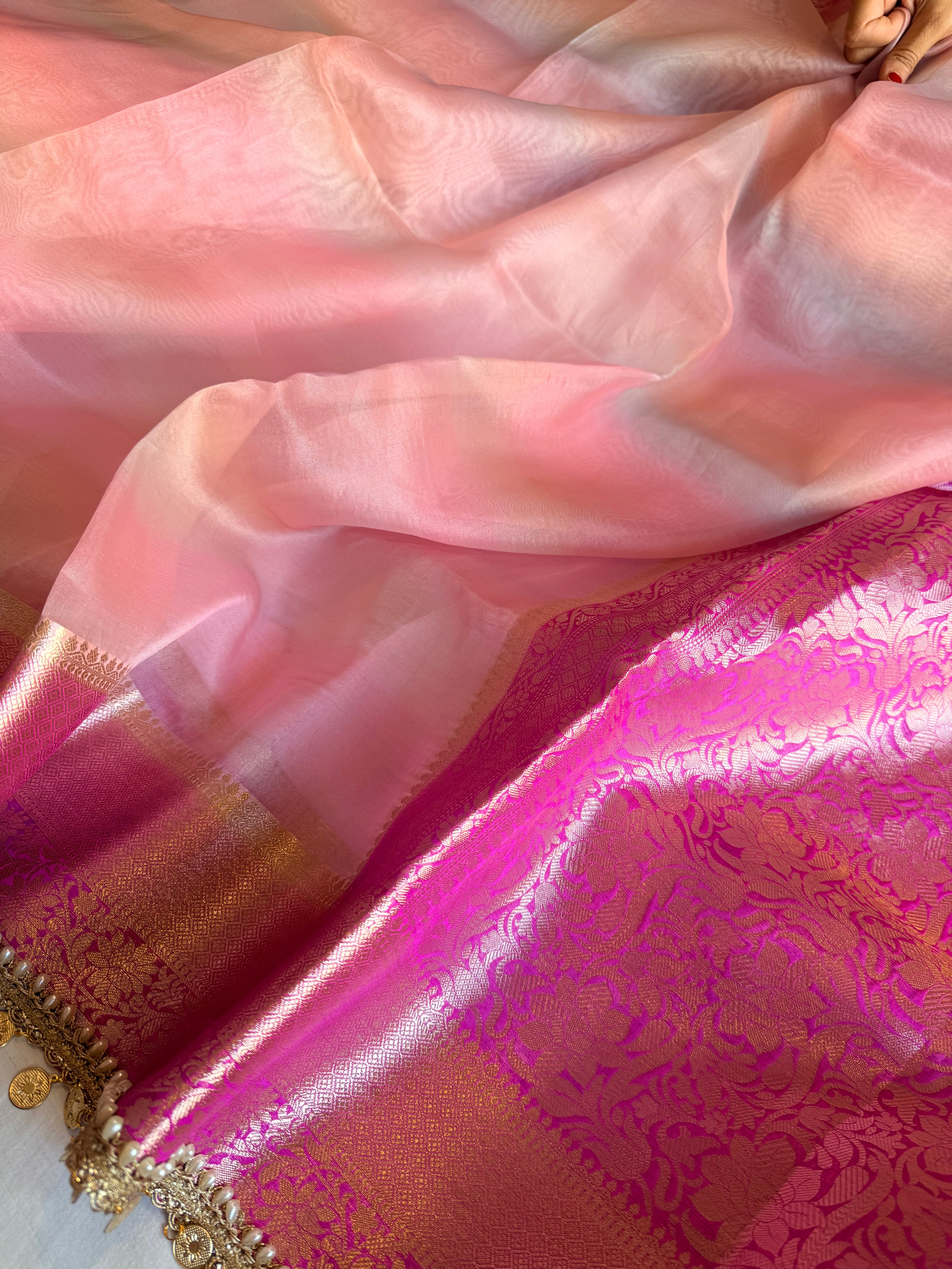 Banarasi kora silk rainbow dyed kadhwa saree with gotapatti work