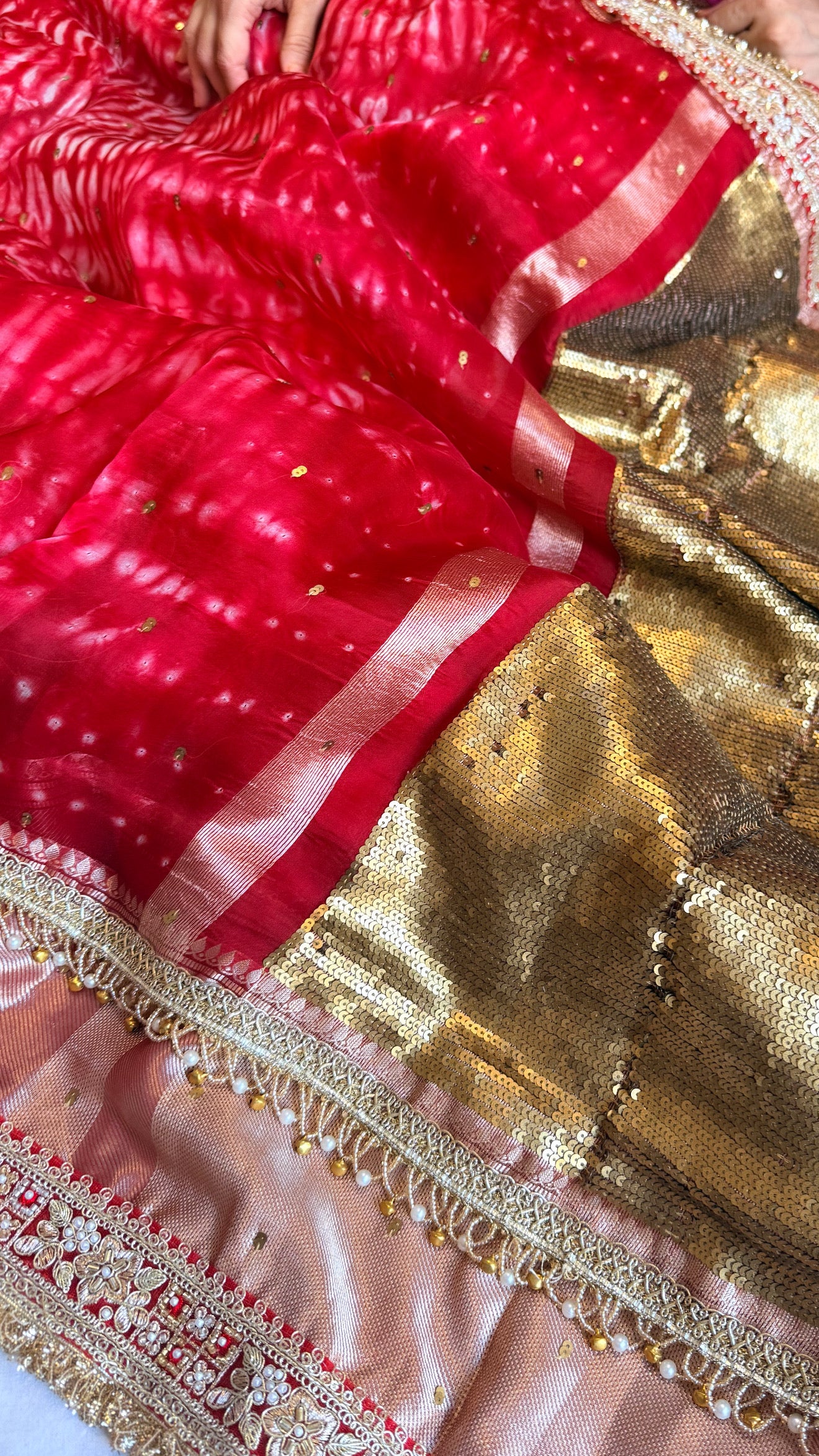 Chan Chan ghungroo blood red work kora silk leheriya dye kadhwa saree