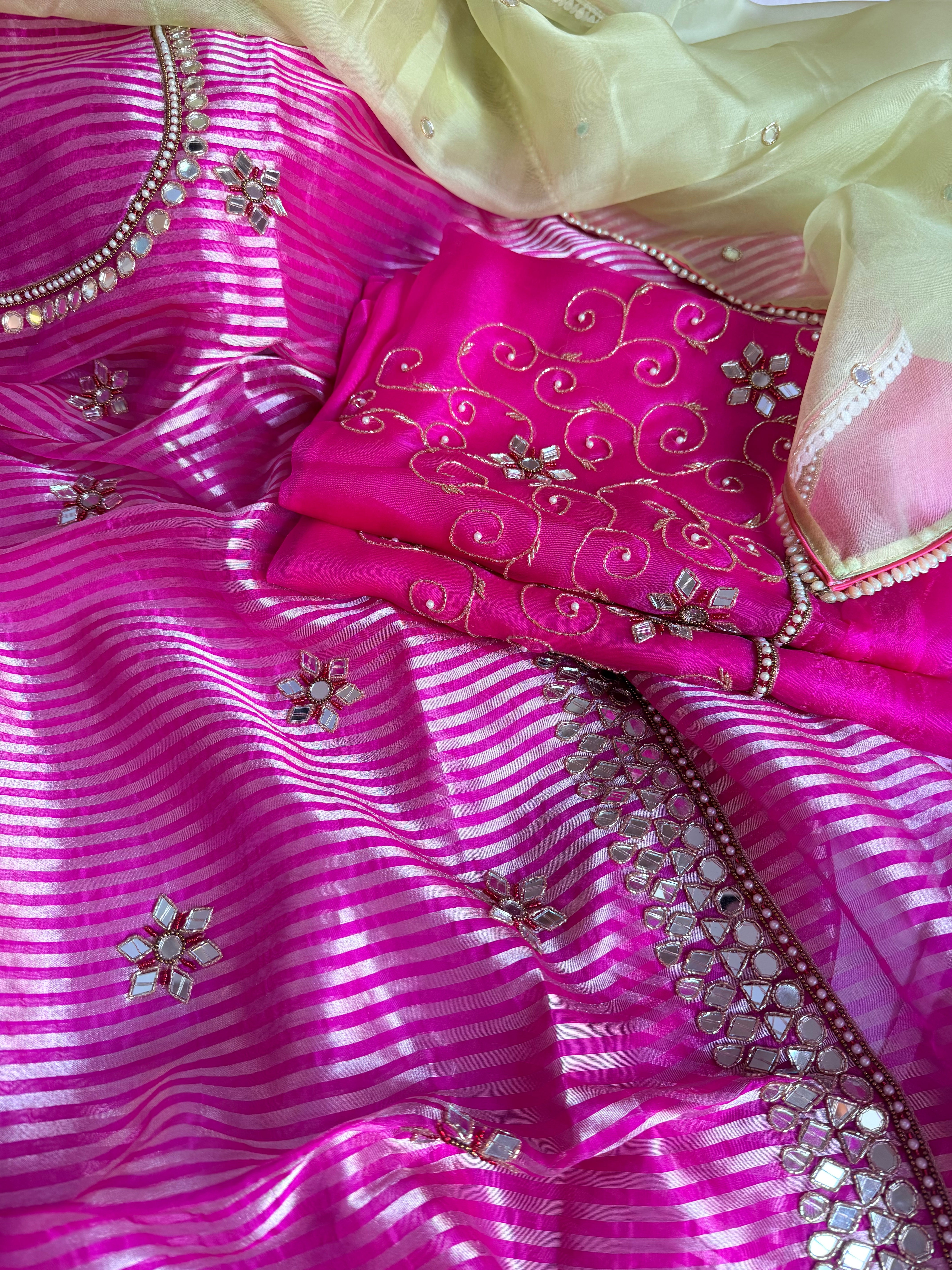 Kora silk silver zari striped mirror work edit hand embroidered kadhwa suit set