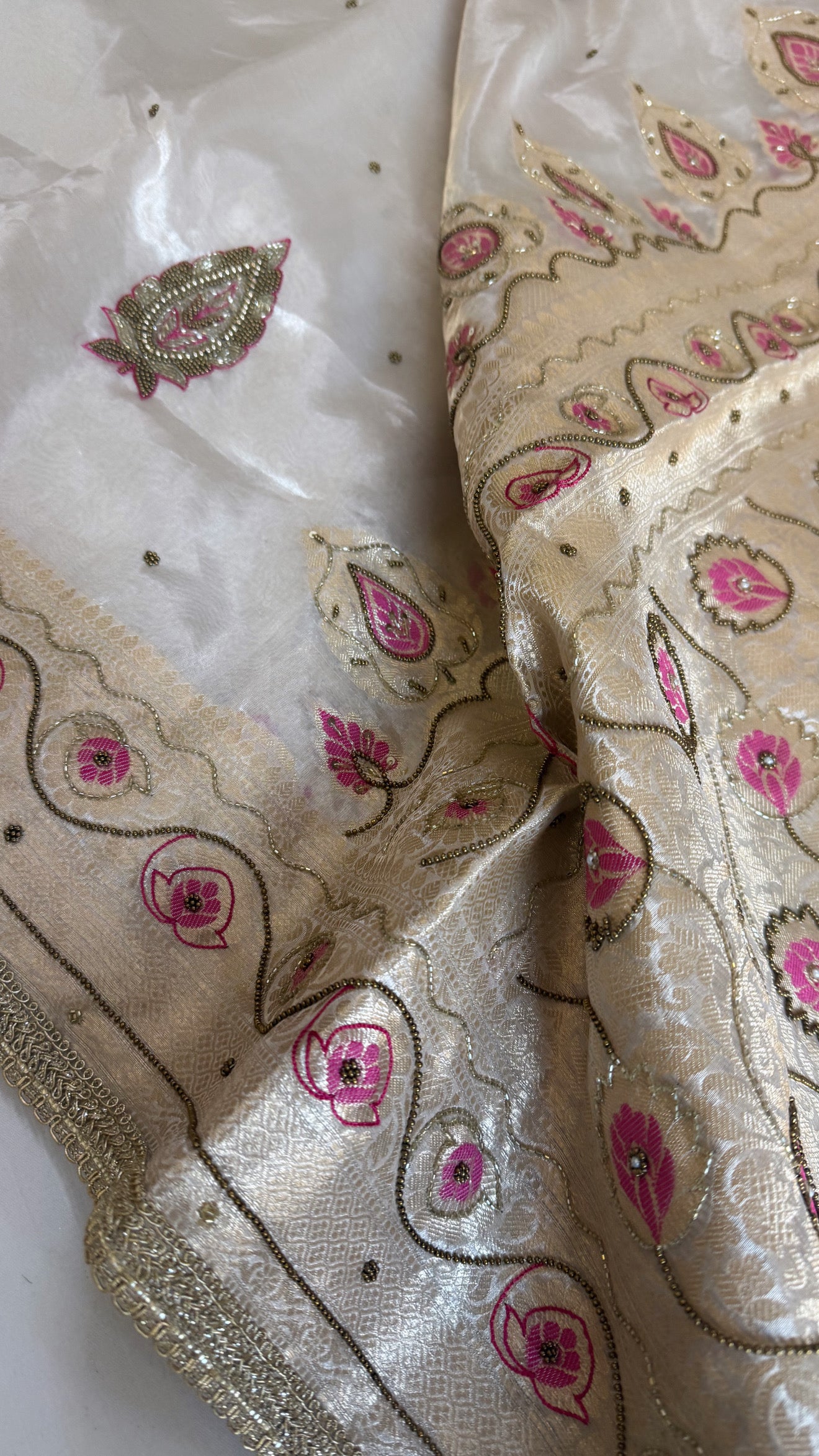 Moonlight silver diamond tissue silk kadhwa meenakari hand embroidered saree
