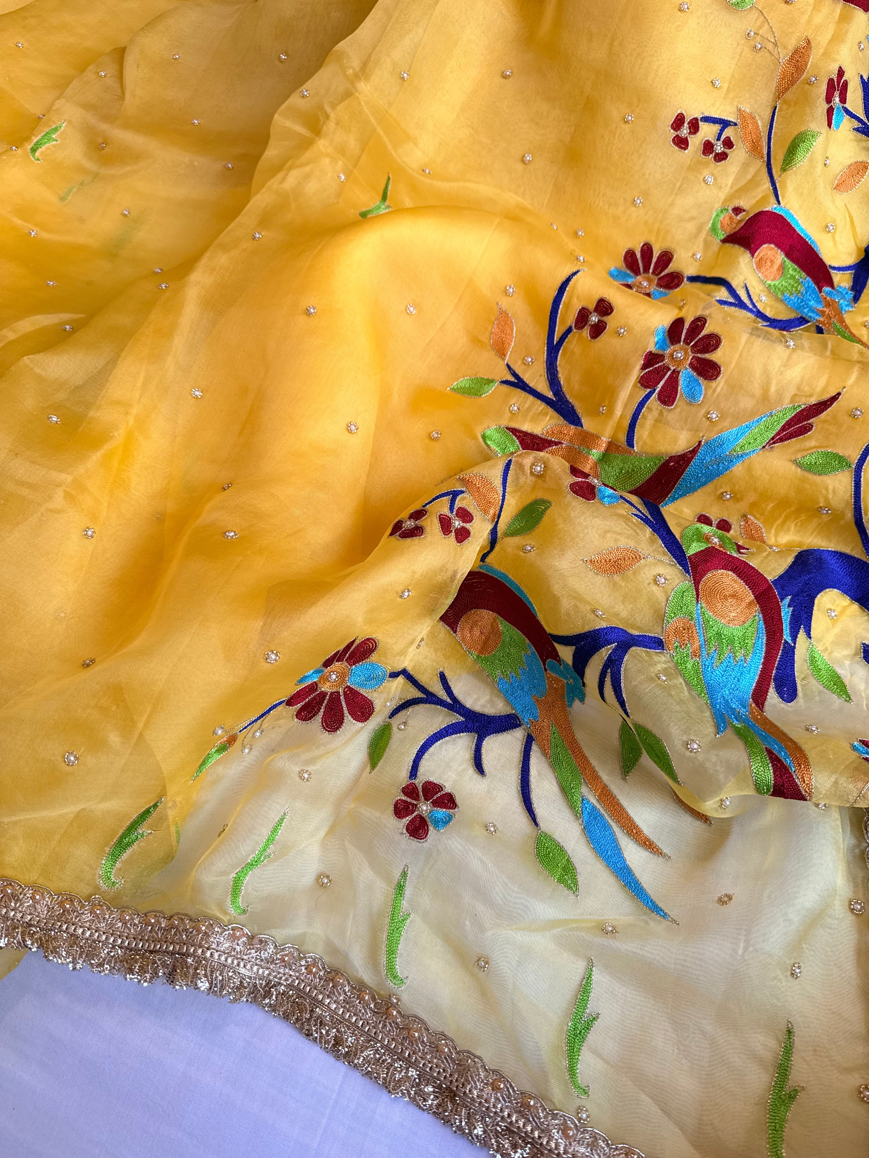 Kora silk golden yellow paithani hand embroidered meenakari saree