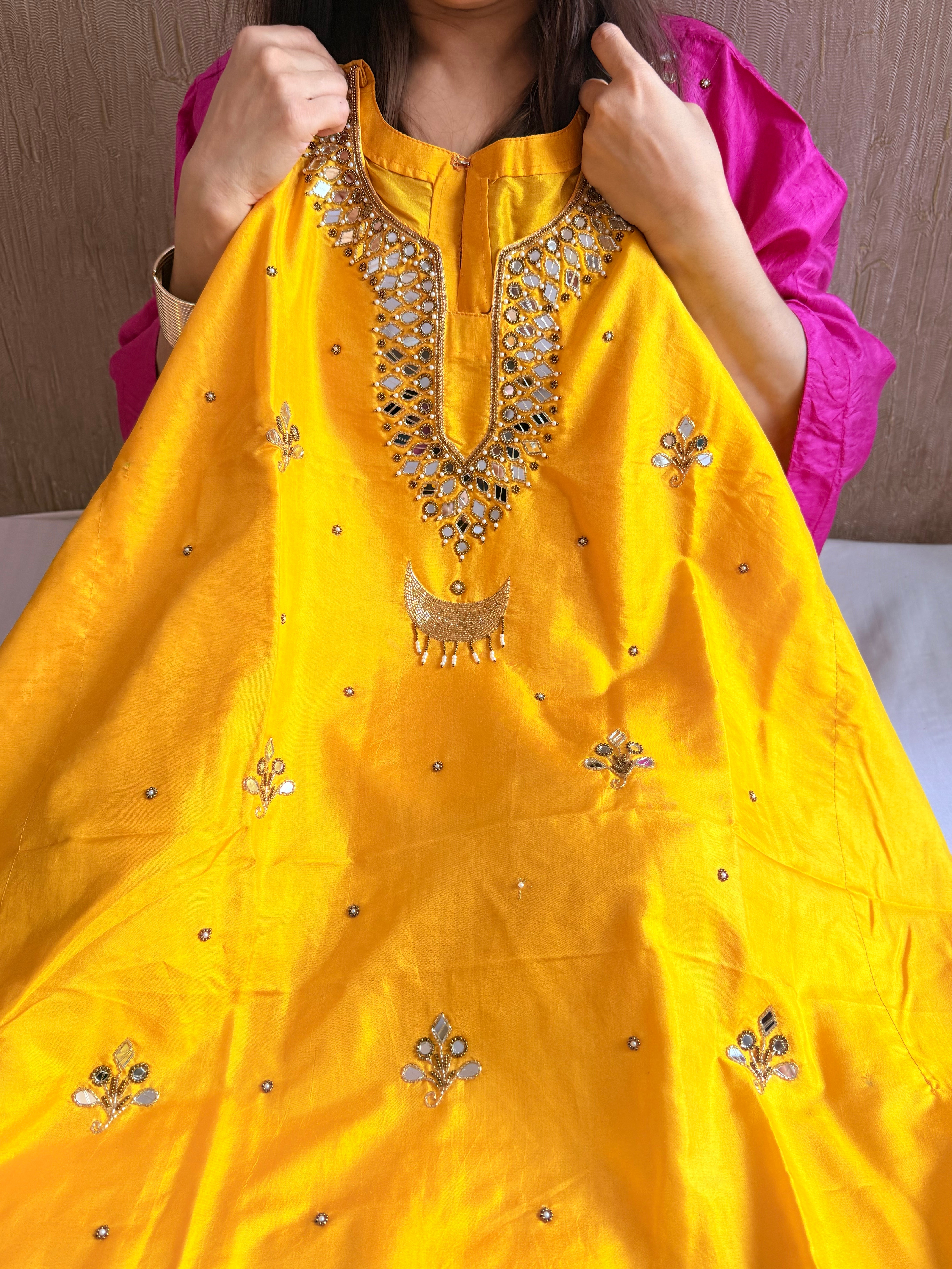 Mashru satin silk banarasi mirrorwork free size kaftan set with bottom