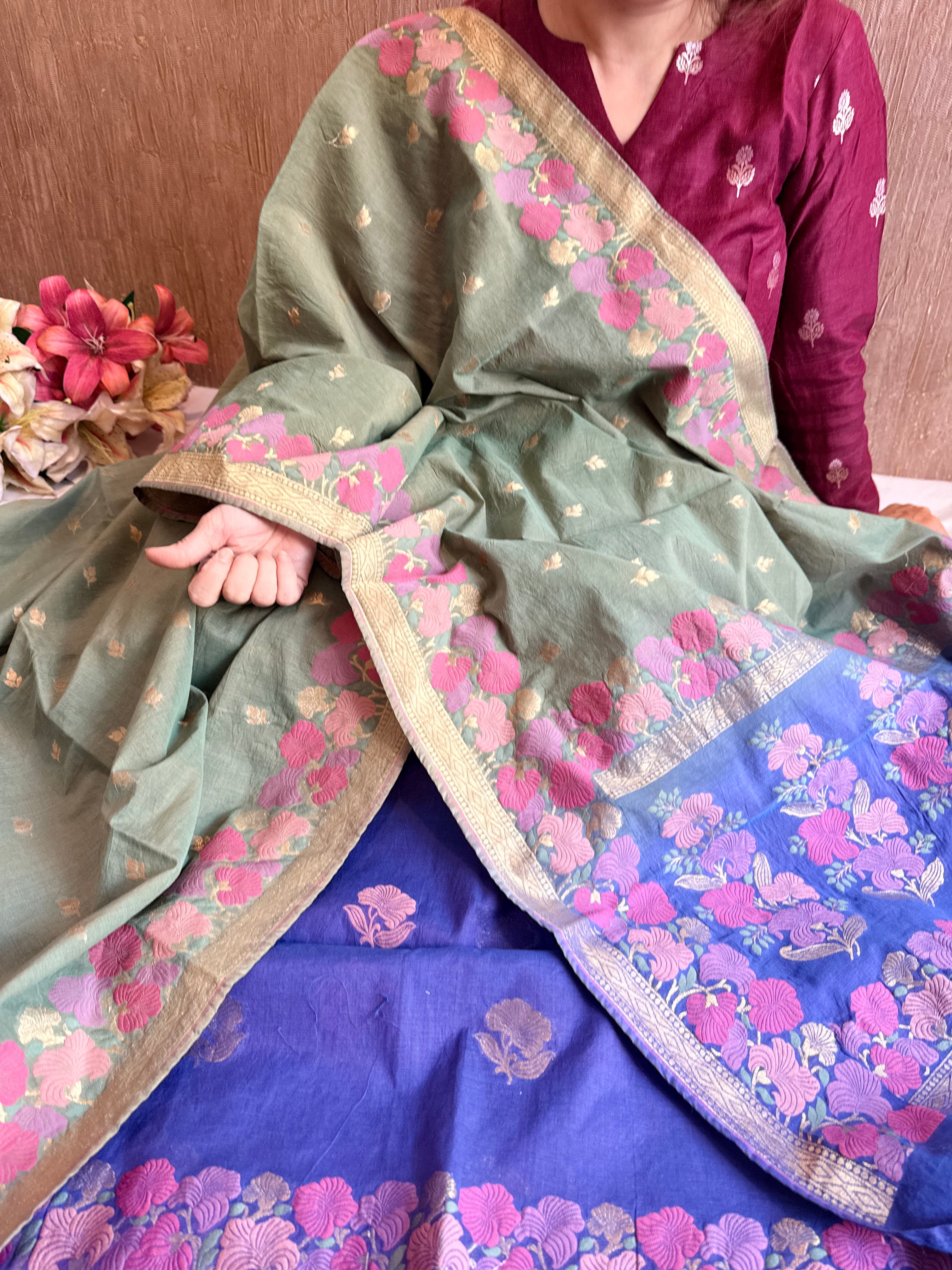 Mul cotton banarasi kadhwa buti green - purplish blue suit set