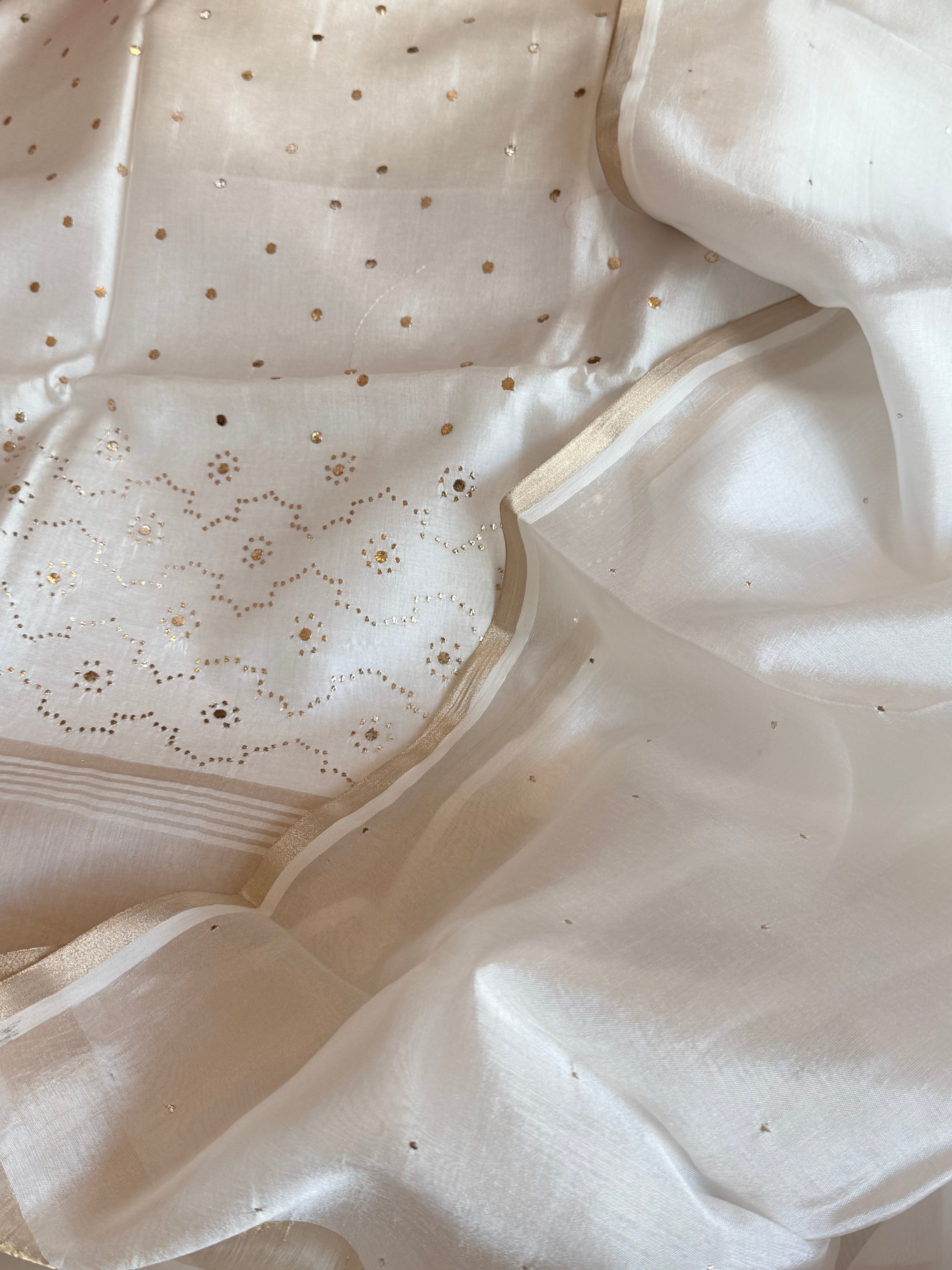 Pearl white spun chiniya silk mukaish hand embroidered suit sets