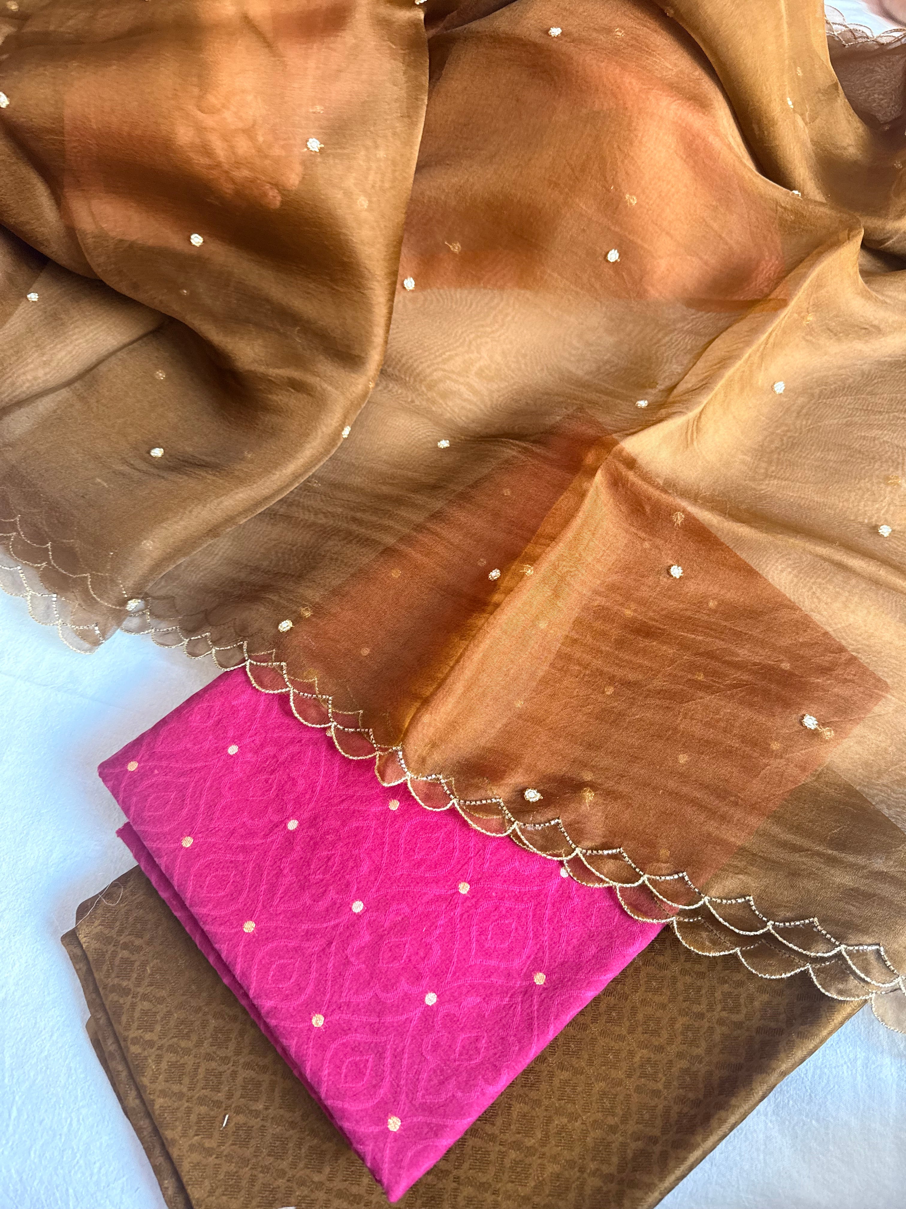 Summer suits under 8k - Mul cotton hot pink pink kurta paired with chocolate scalloped kora silk duppata