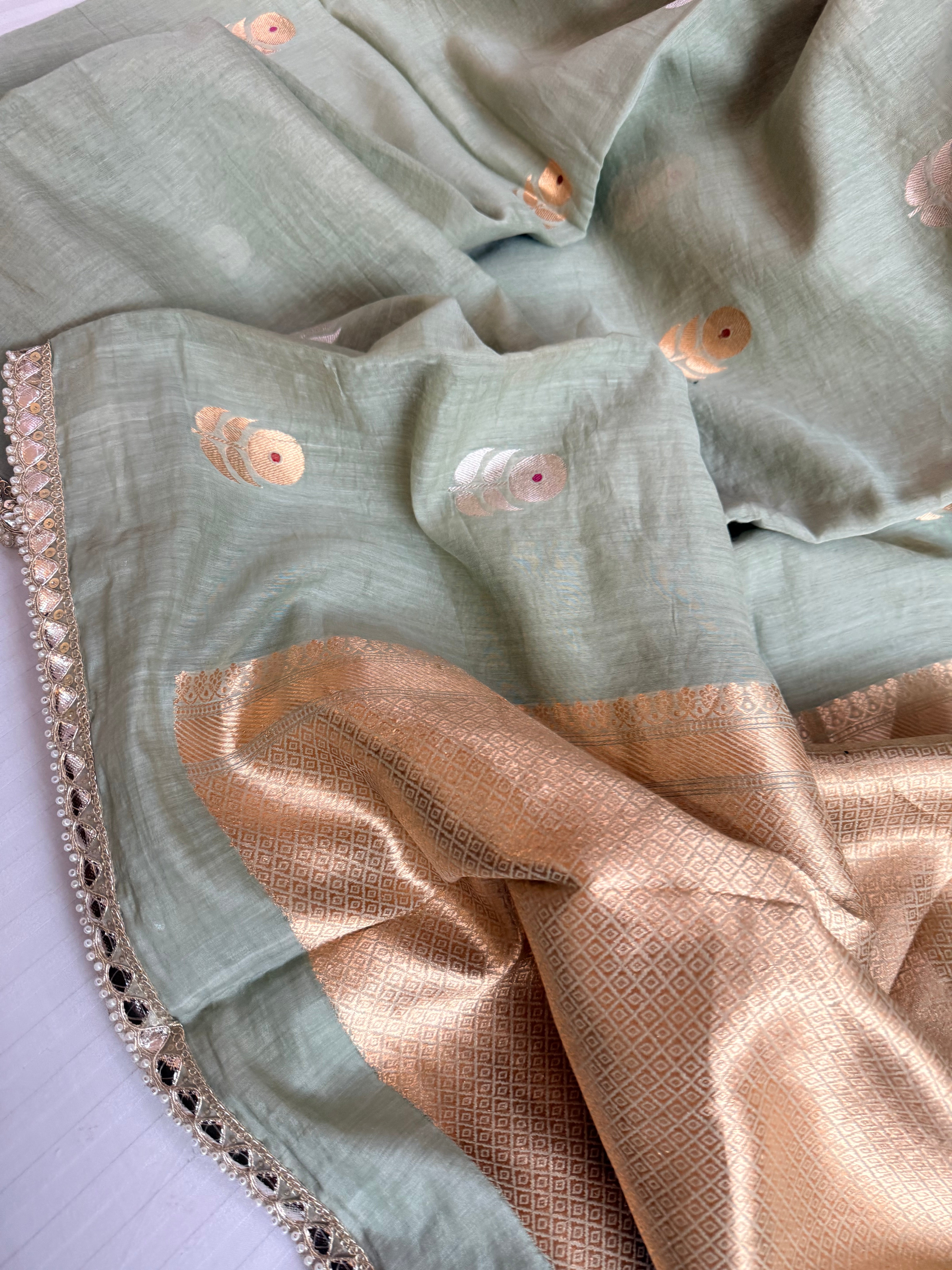Handloom mulmul cotton silk saree with lampi gota border
