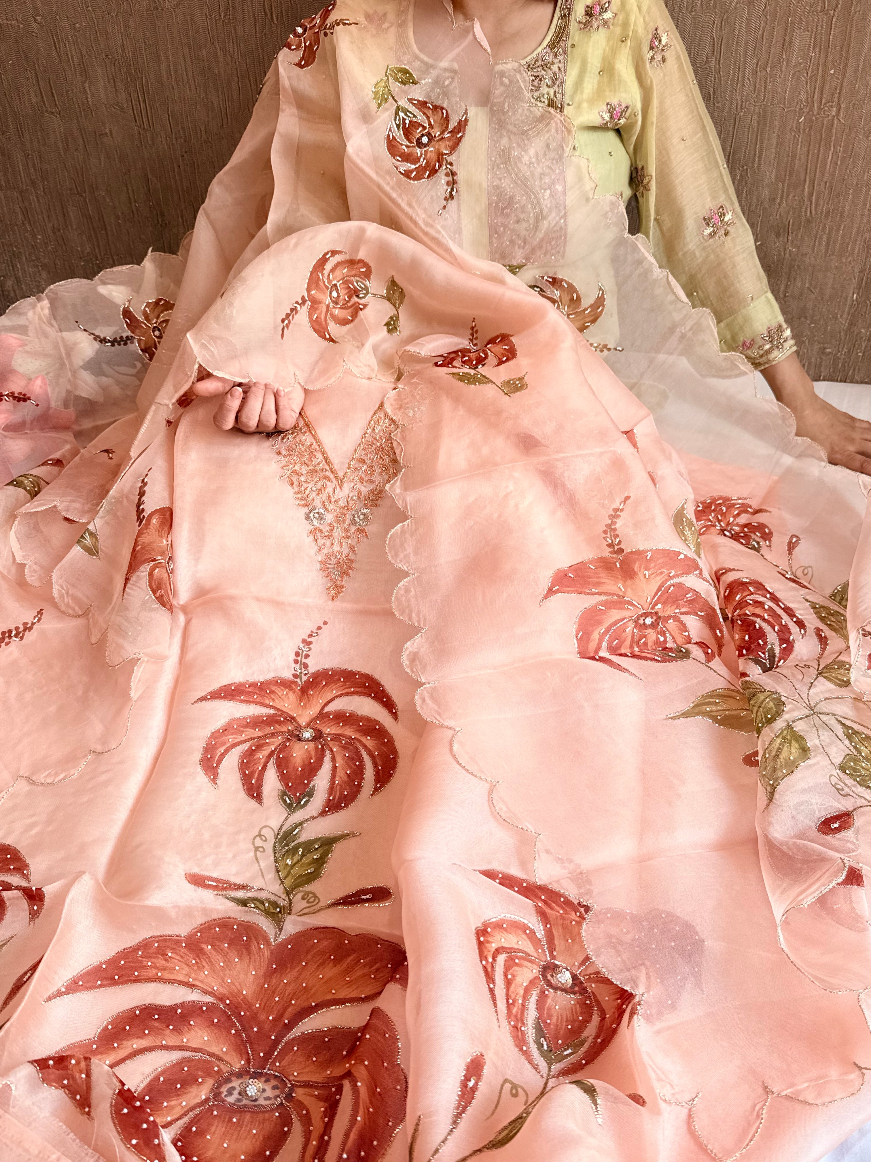 Banarasi Kora silk hand embroidered floral printed suit set