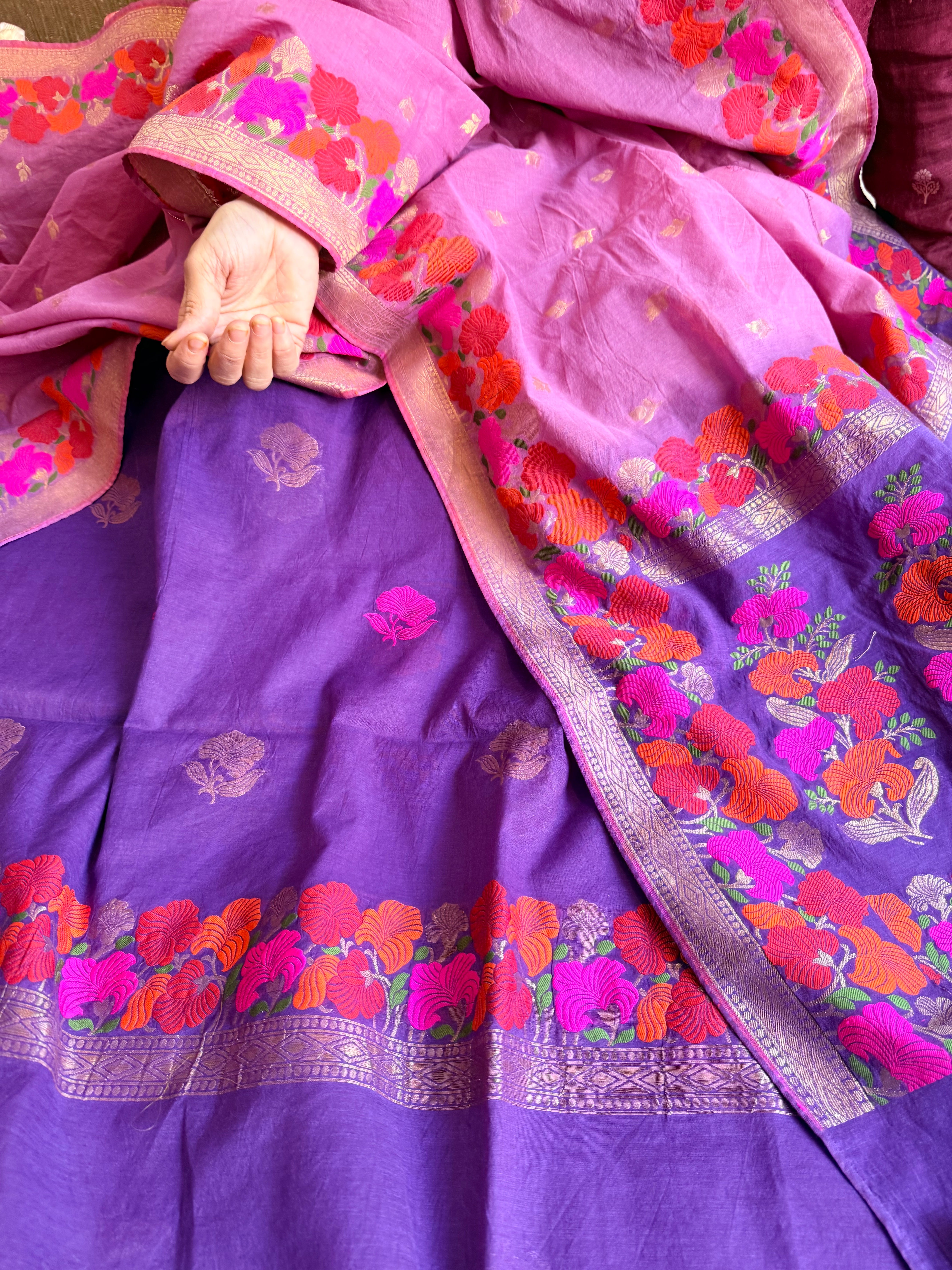 Mul cotton banarasi kadhwa buti purple - lavender suit set