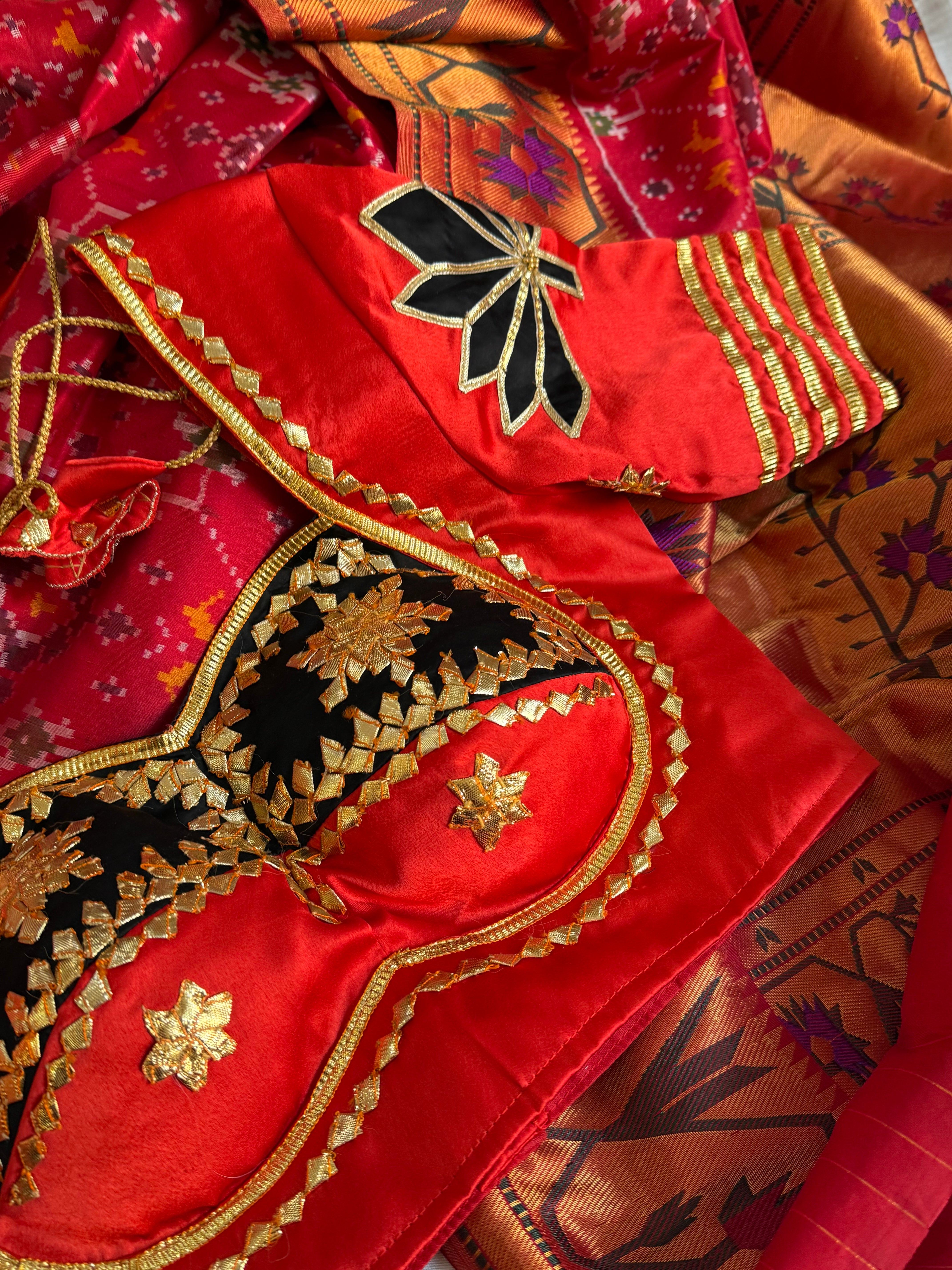 Aangi blouse - Red & Black mashru satin silk stitched free size aangi hand embroidered blouse
