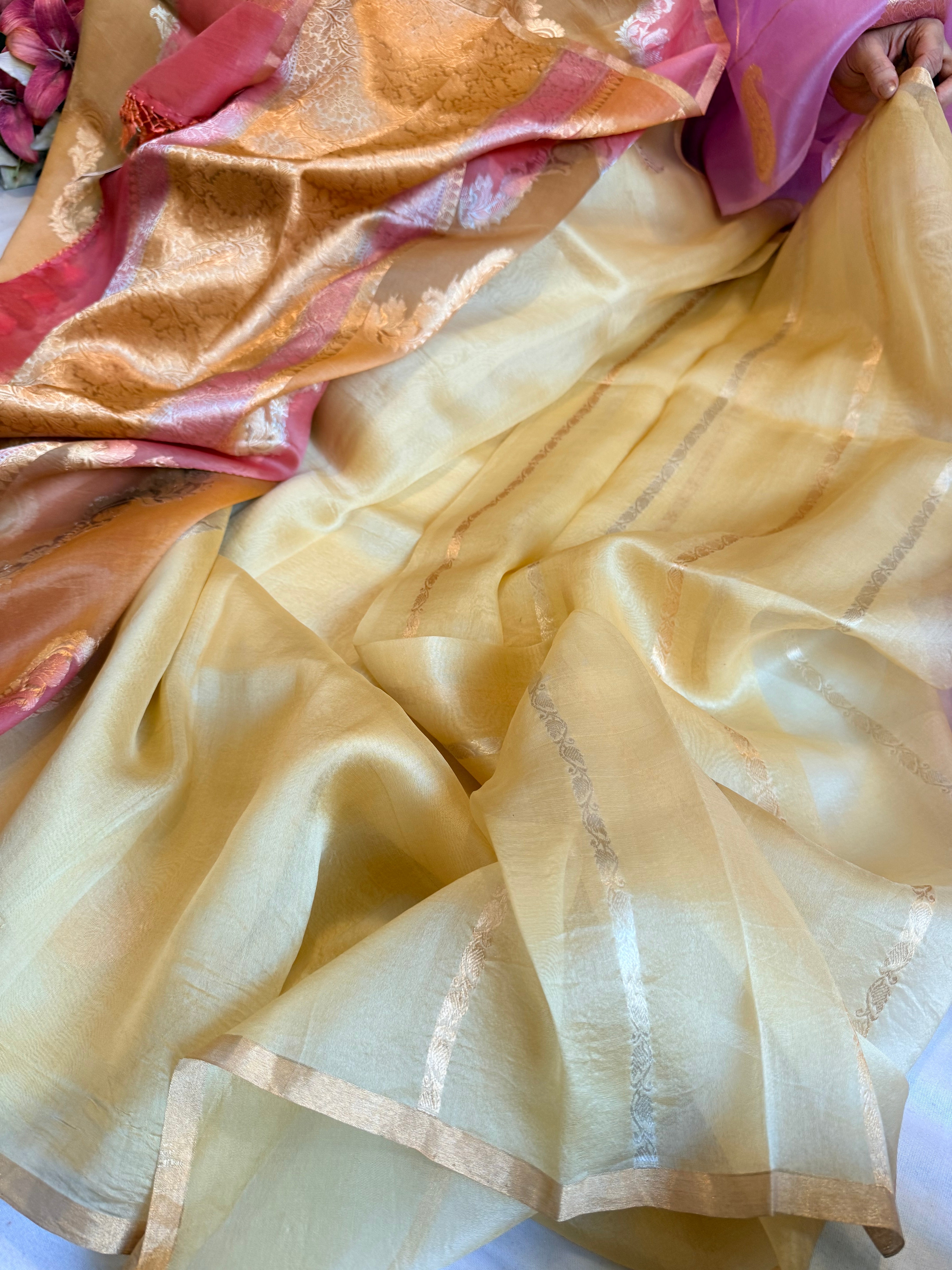 Rangkaat dyed rainbow dyed kora silk kadhwa sona rupa handloom saree
