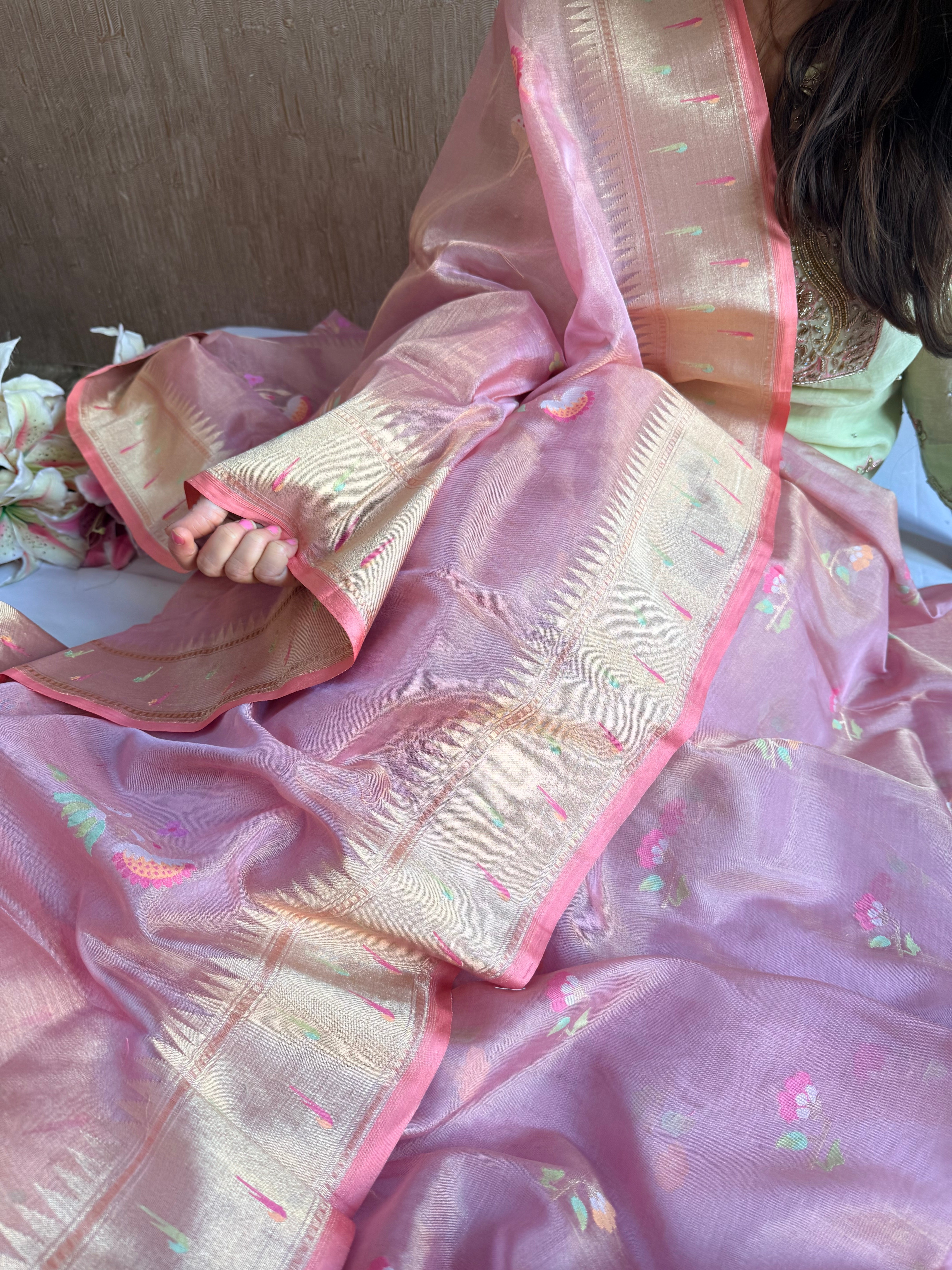 Pinkish peach green mul cotton tissue iktara jamdani paithani border suit set