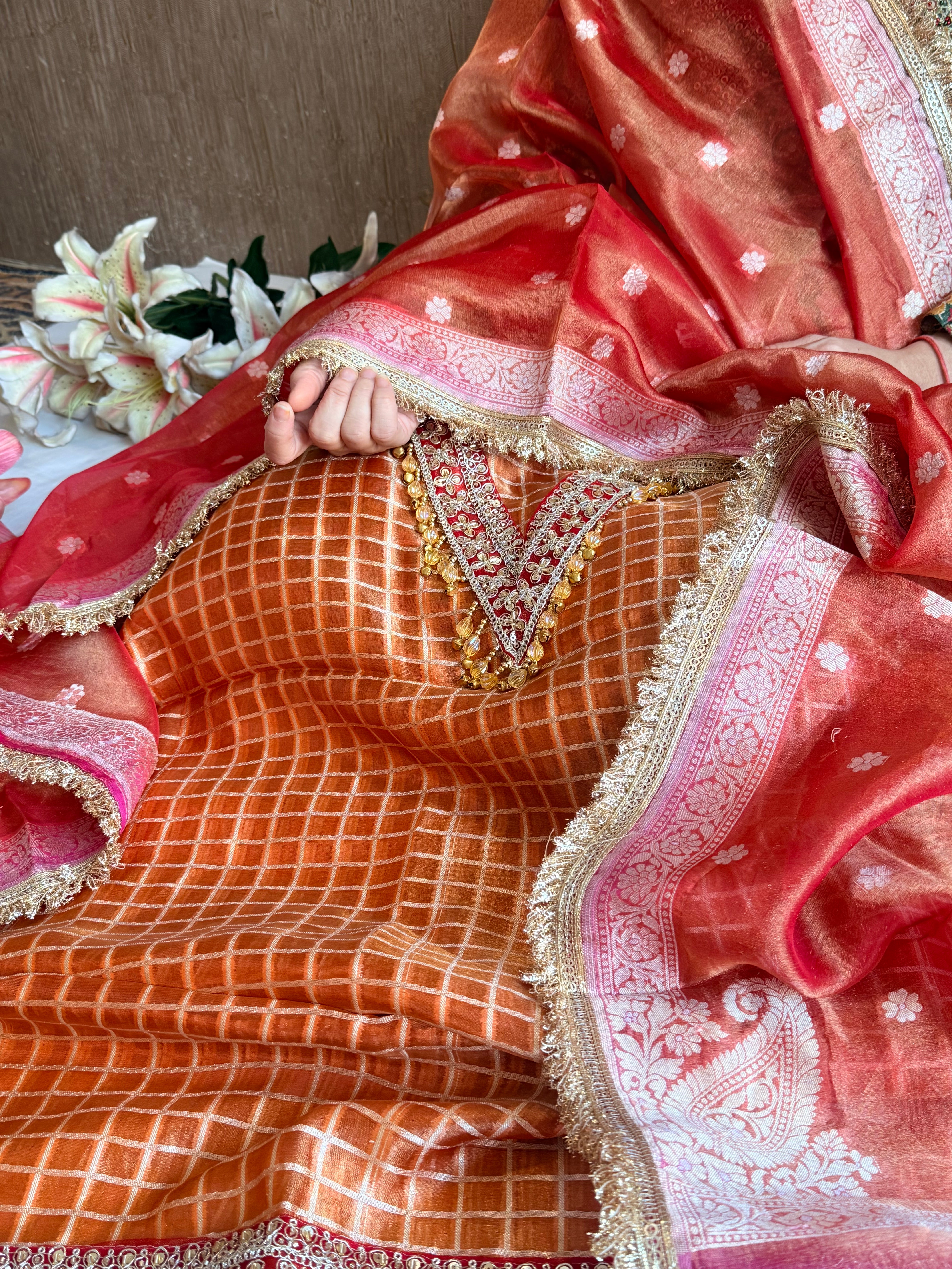 Banarasi tissue silk lampiwork chap dye hand embroidered embellished suit set