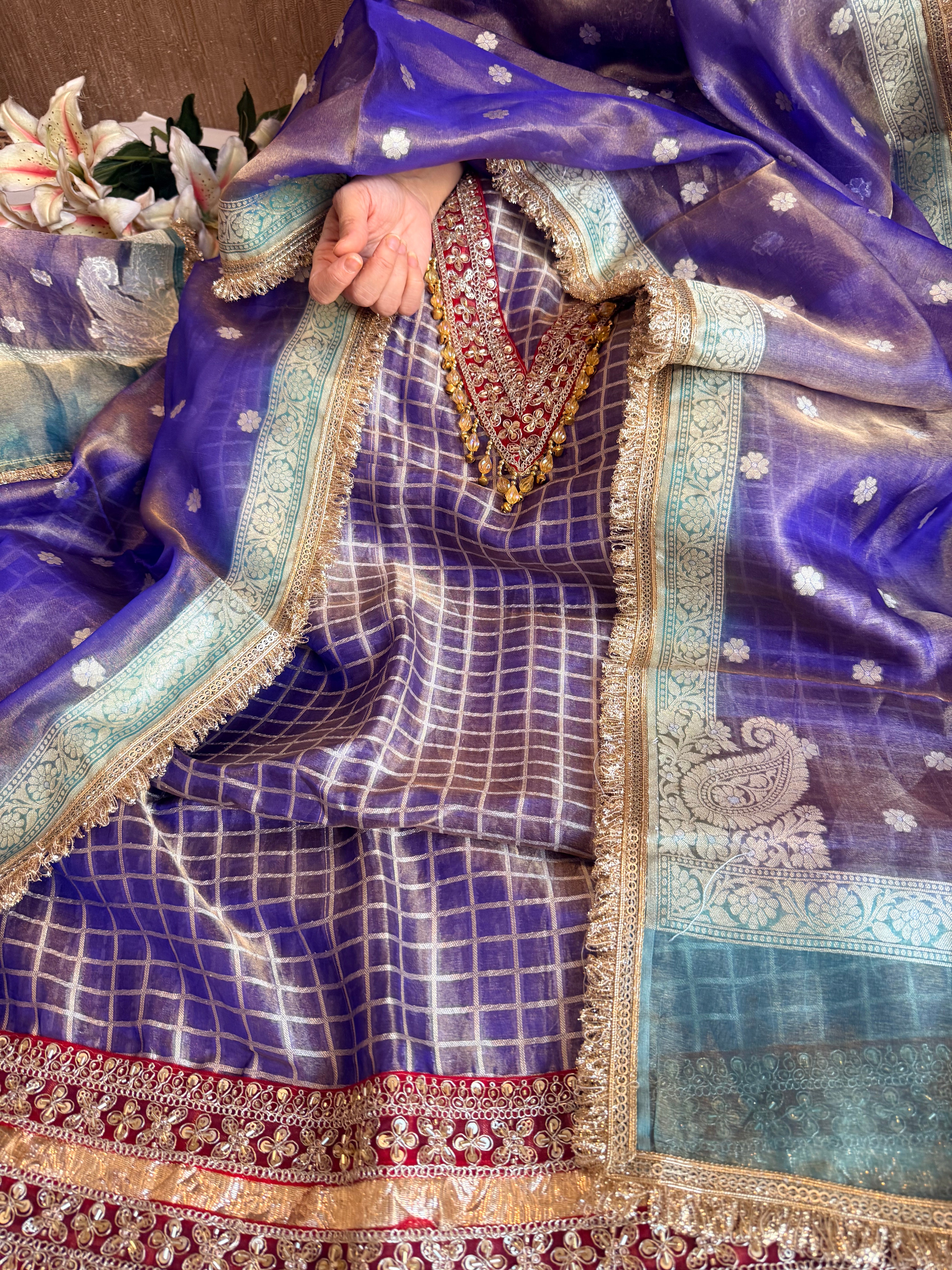 Banarasi tissue silk lampiwork chap dye hand embroidered embellished suit set