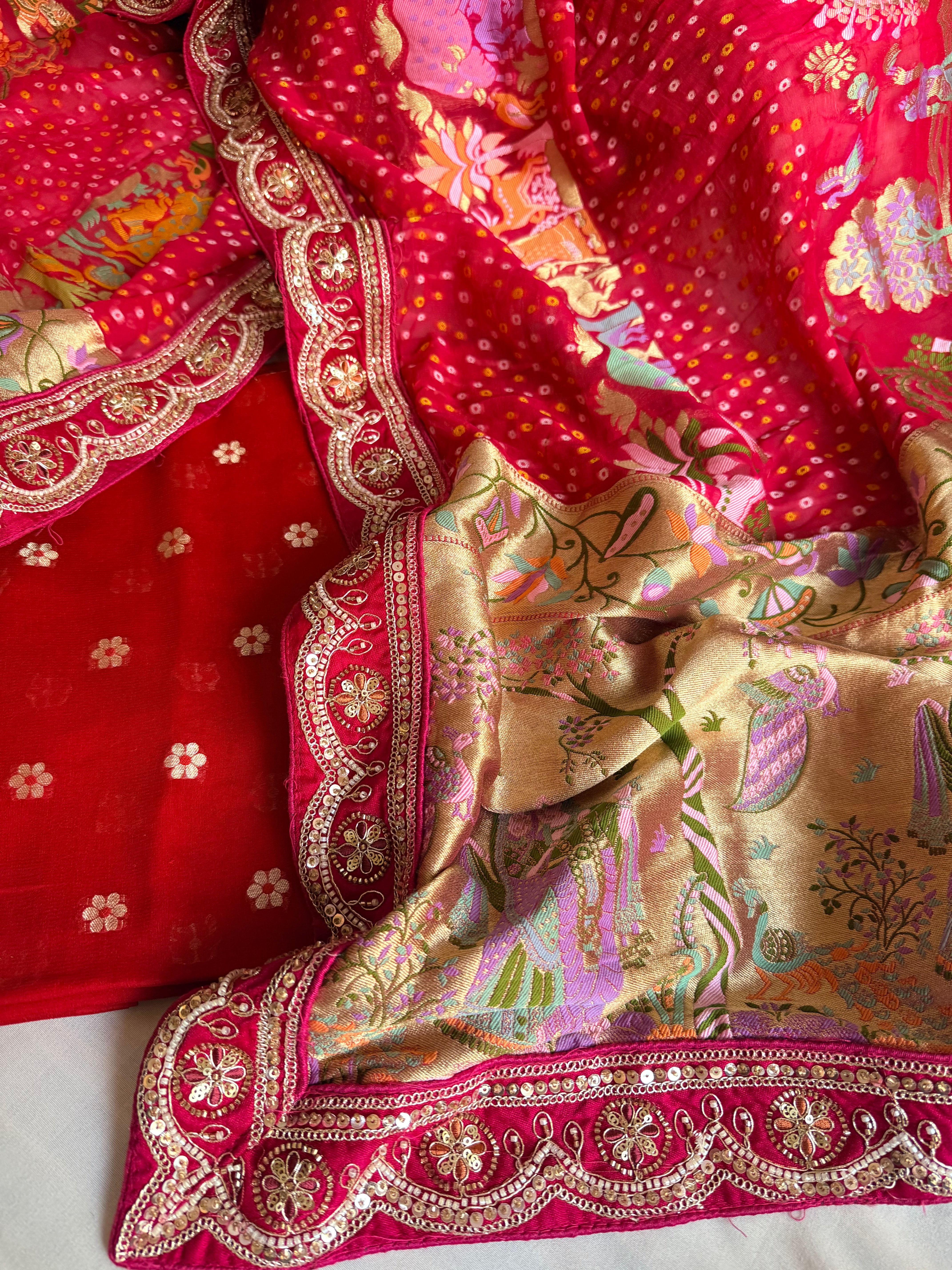 Banarasi rai bandhej radha krishna weaving gorgette kadhwa suit set