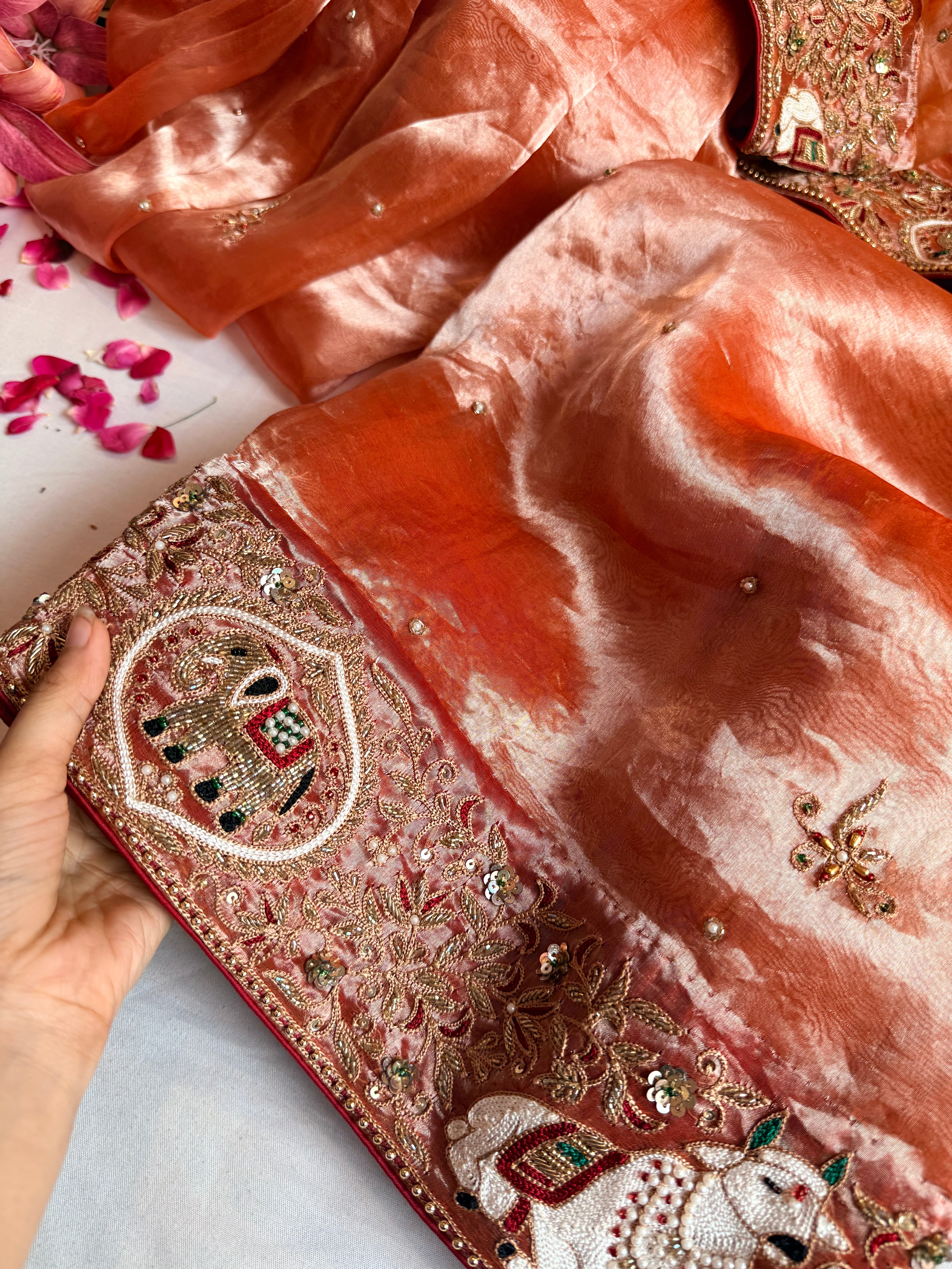 Chandramukhi edit - Fanta orange diamond tissue silk hand embroidered saree