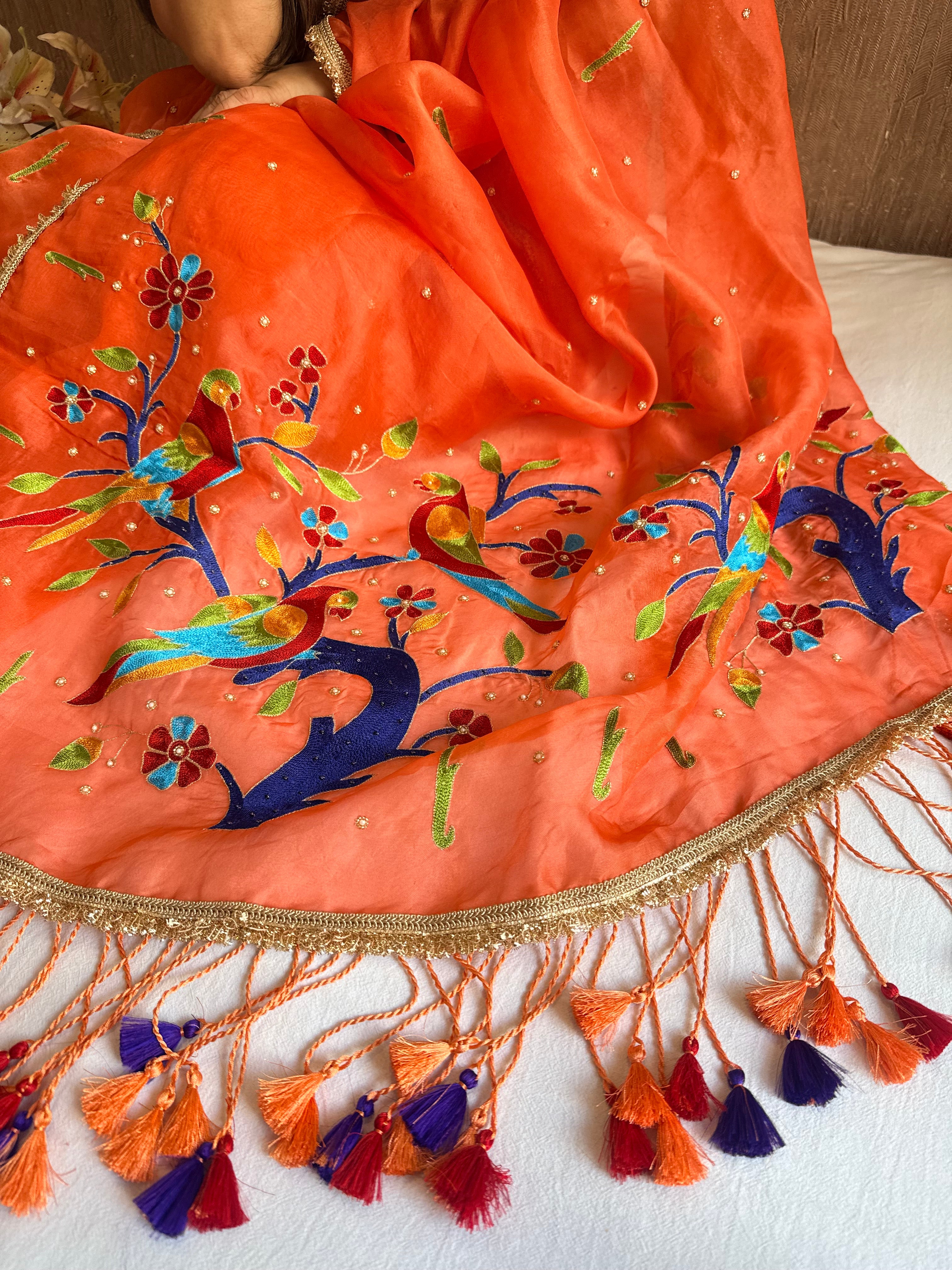 Peach kora silk paithani weaving hand embroidered kadhwa saree
