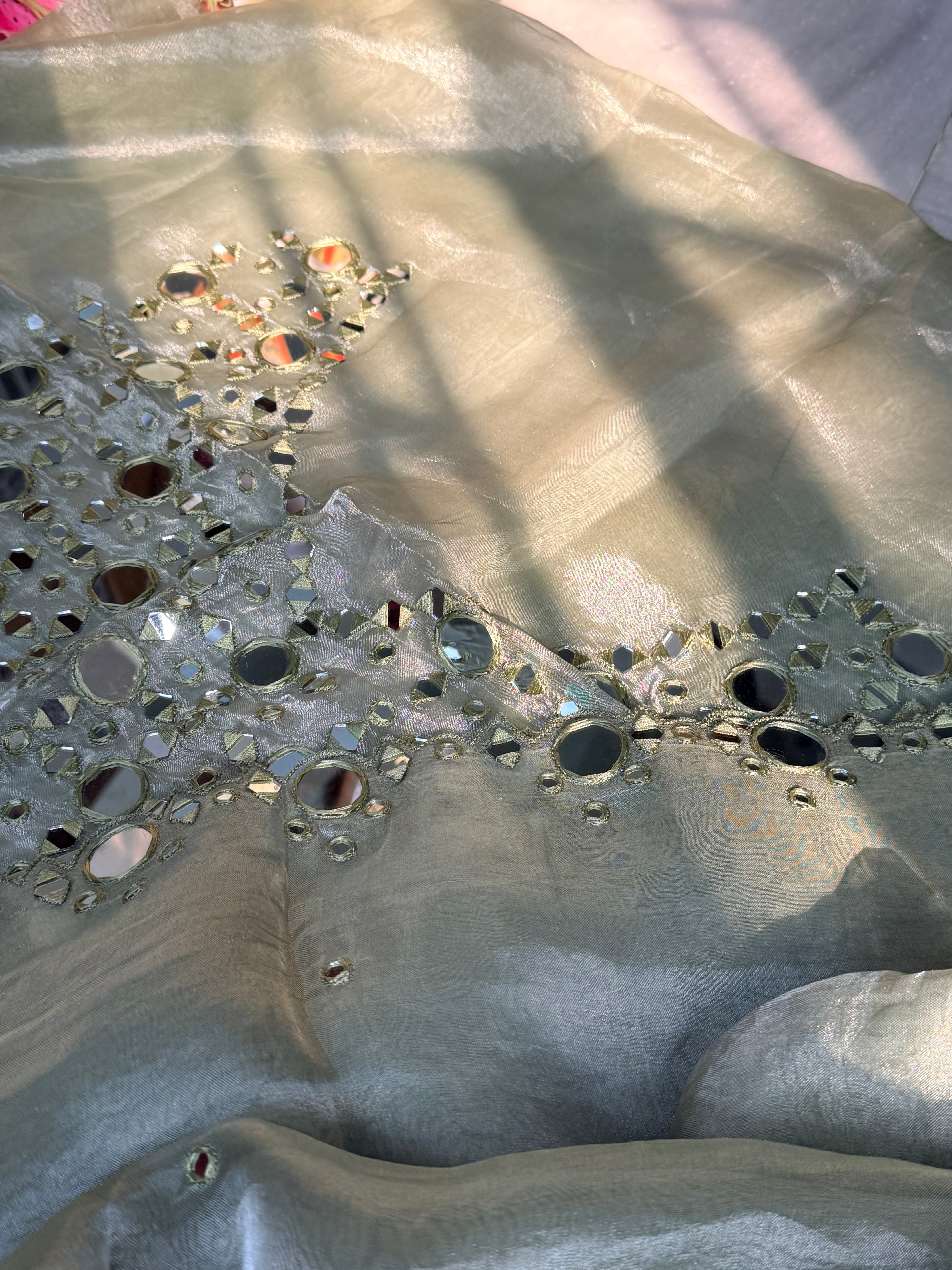 Sheesha wali saree - Mint green tissue silk mirror work hand embroidered saree