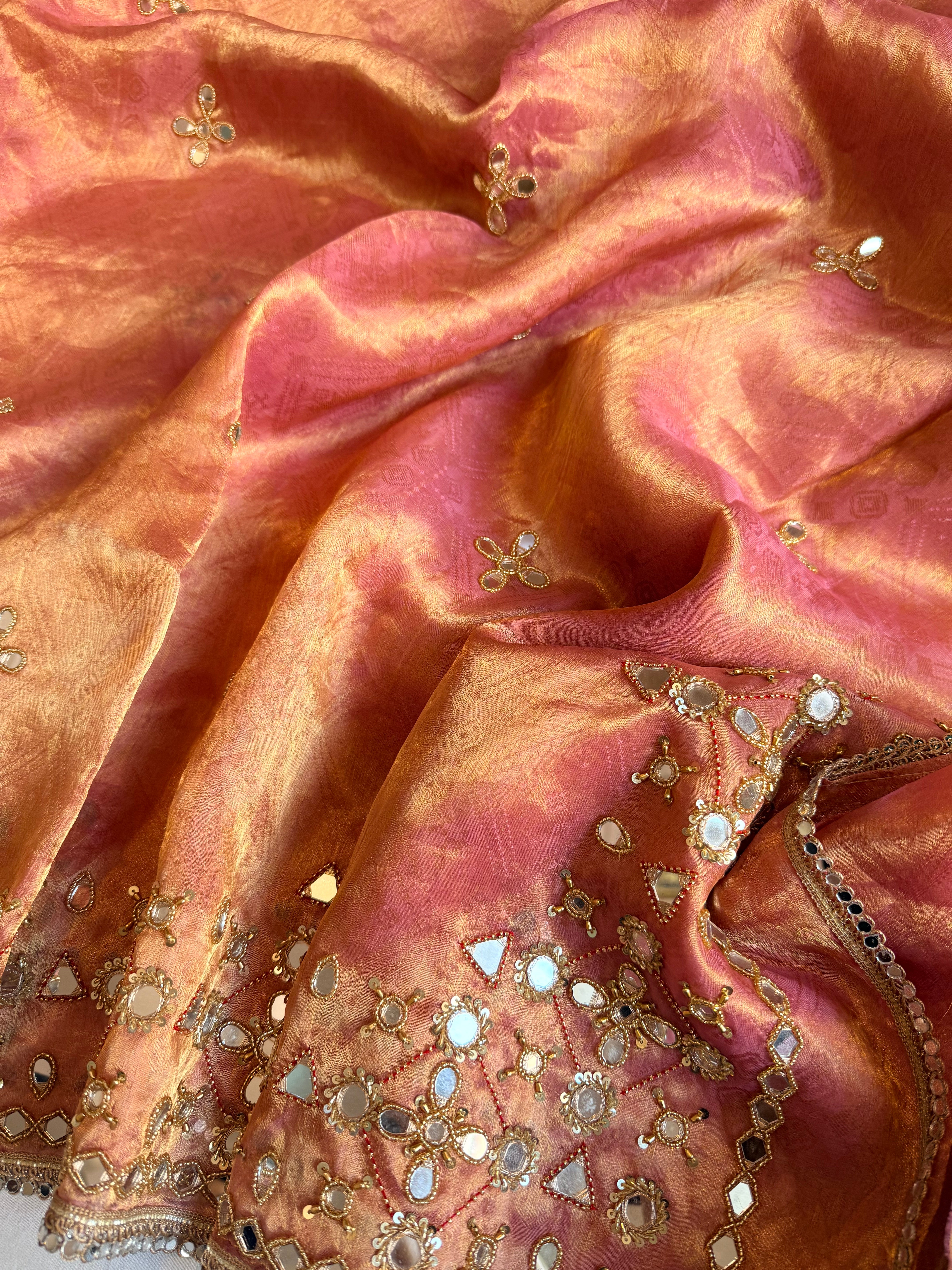Dhup chao effect gulabi pink tanchui tissue silk mirrorwork hand embroidered kadhwa saree