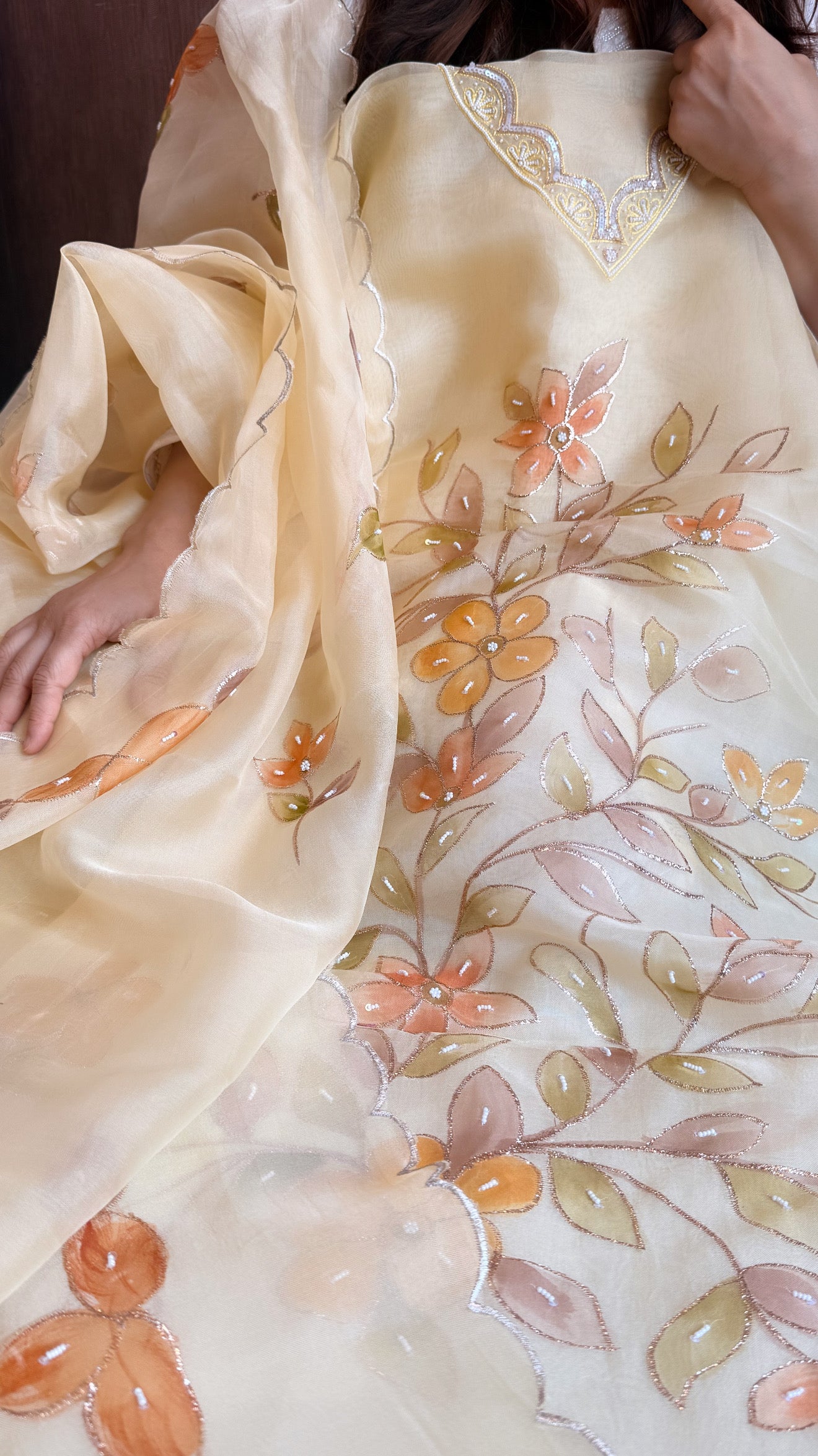 Baagicha edit - Banarasi kora silk handpainted floral hand embroidered suit set