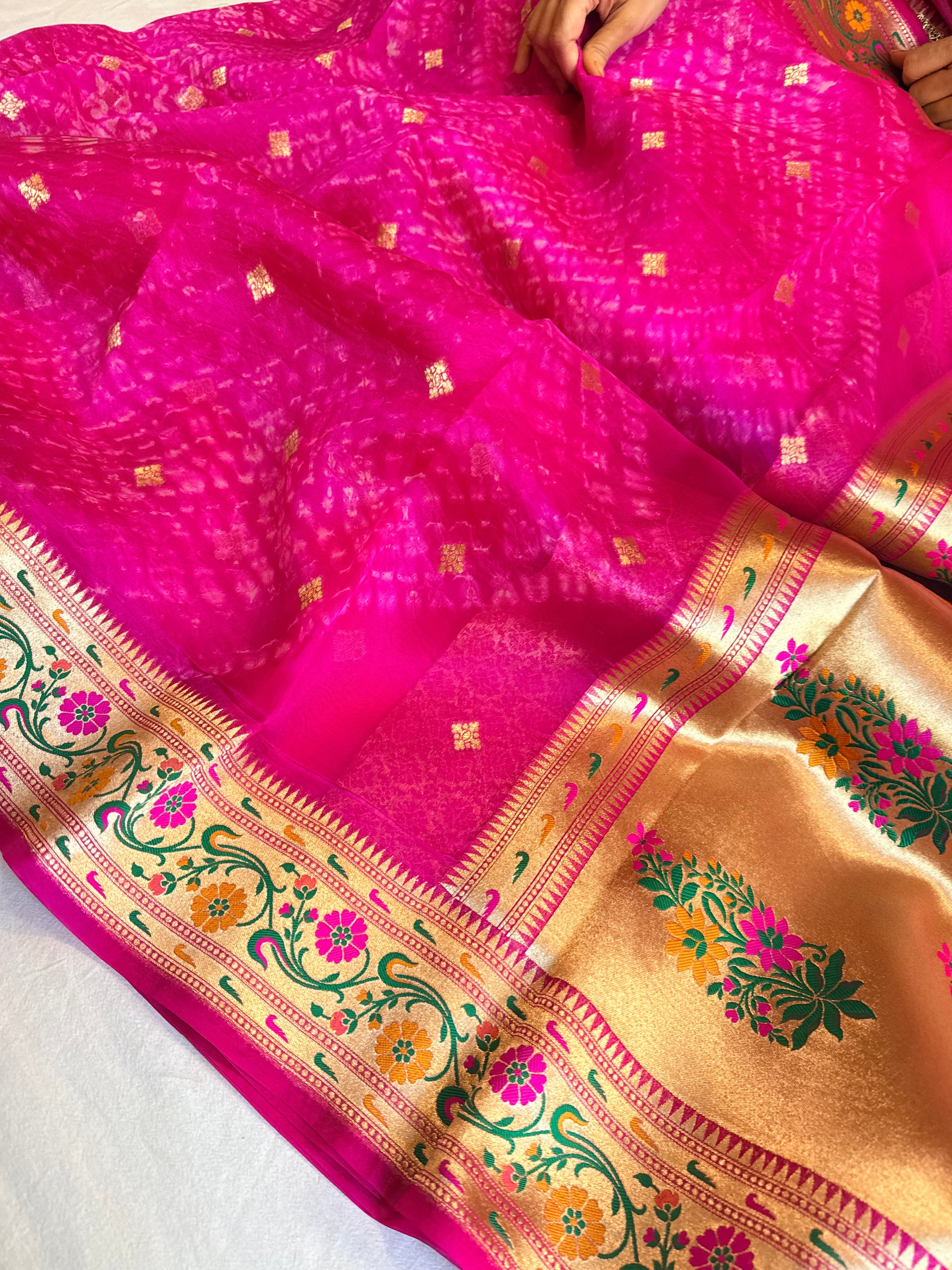 Hot fuchsia pink kora silk paithani meenakari border arshi dye saree