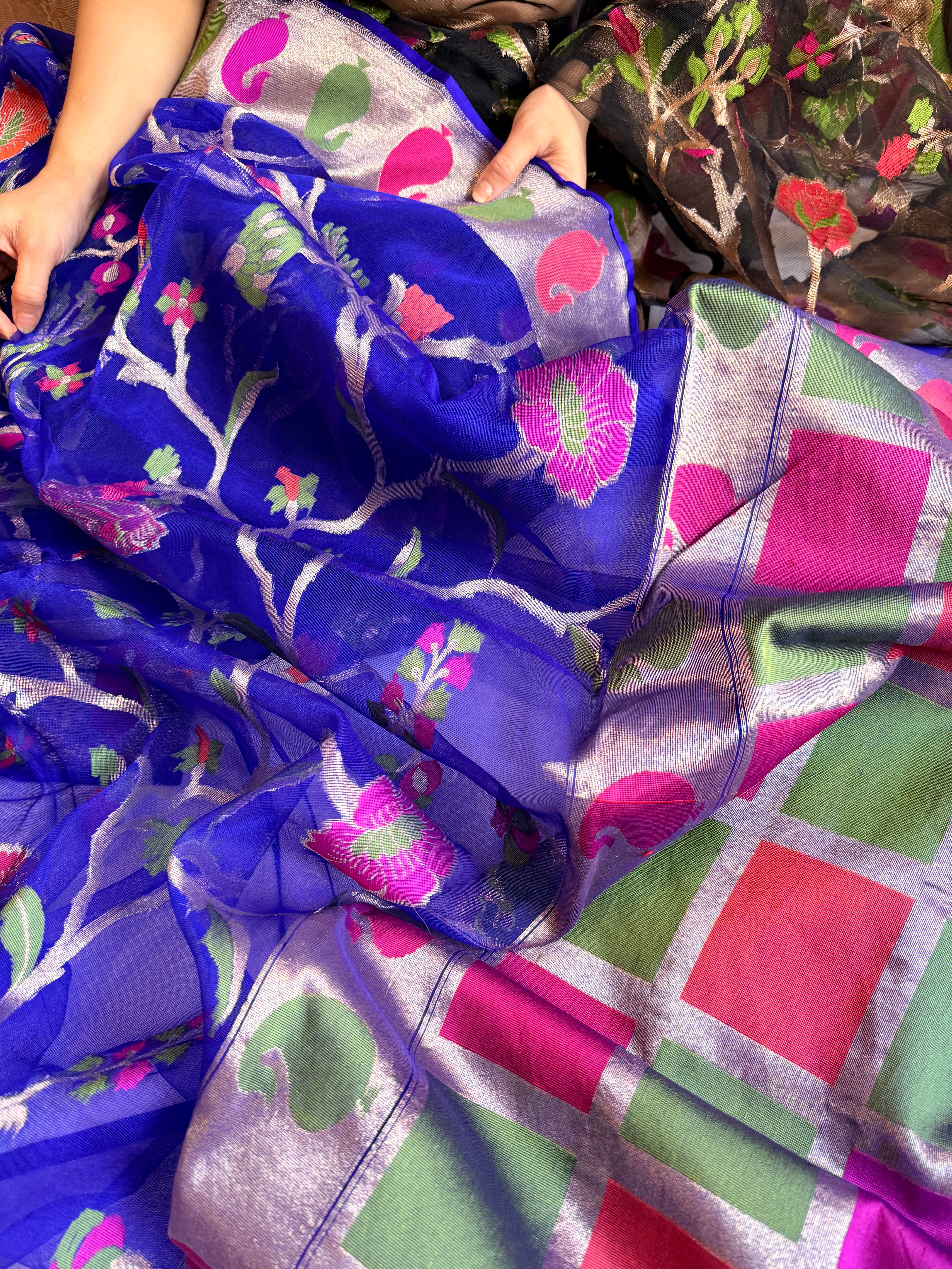 Electric blue silk net jamdani weaving meenakari kadhwa saree