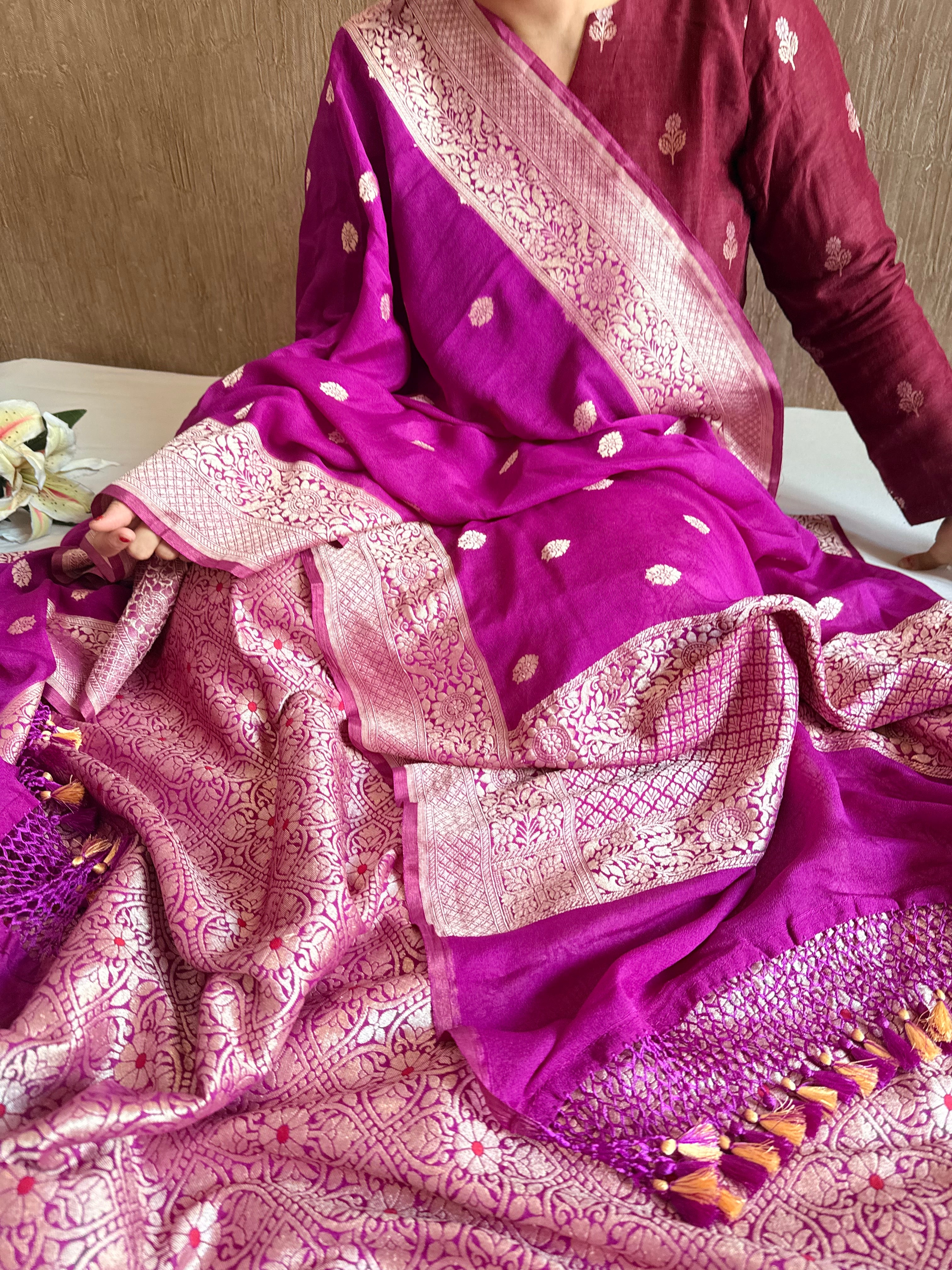 Purple moonga brocade ambose meenakari suit set