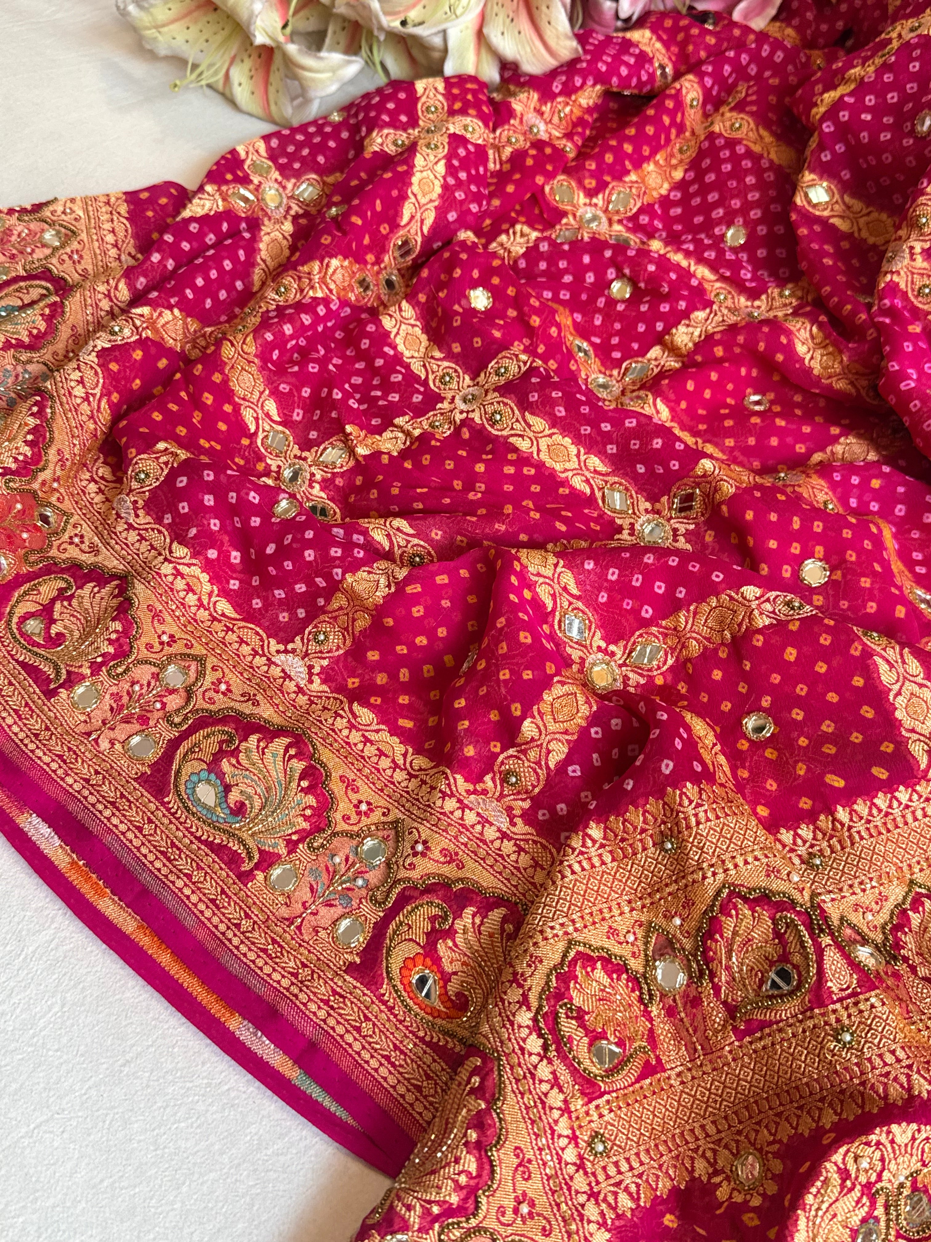 Banarasi chiffon gorgette rai bandhej kadhwa weaving hand embroidered saree