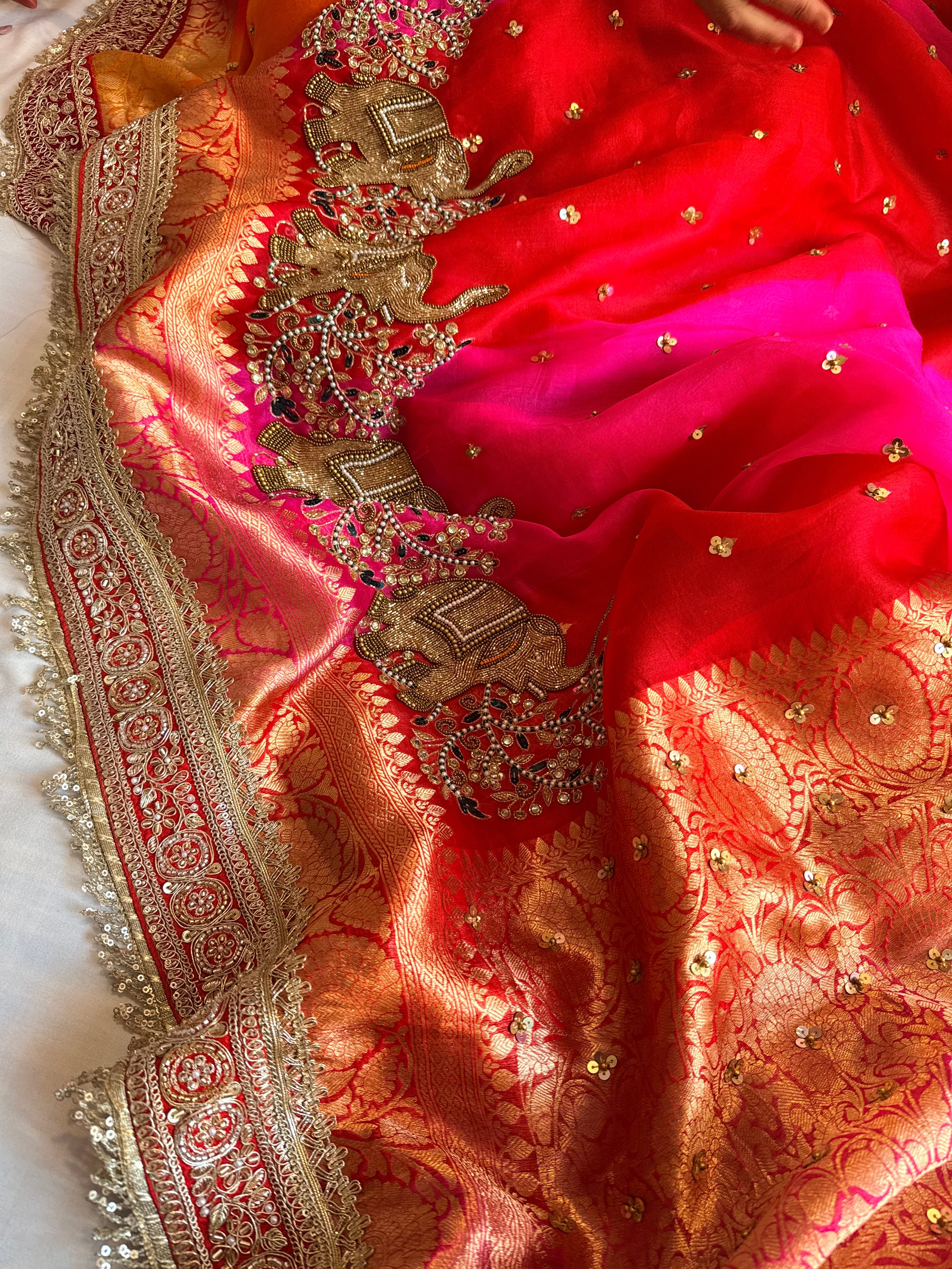 Red-Rani ombre shaded kora silk chunri buti hand embroidered saree