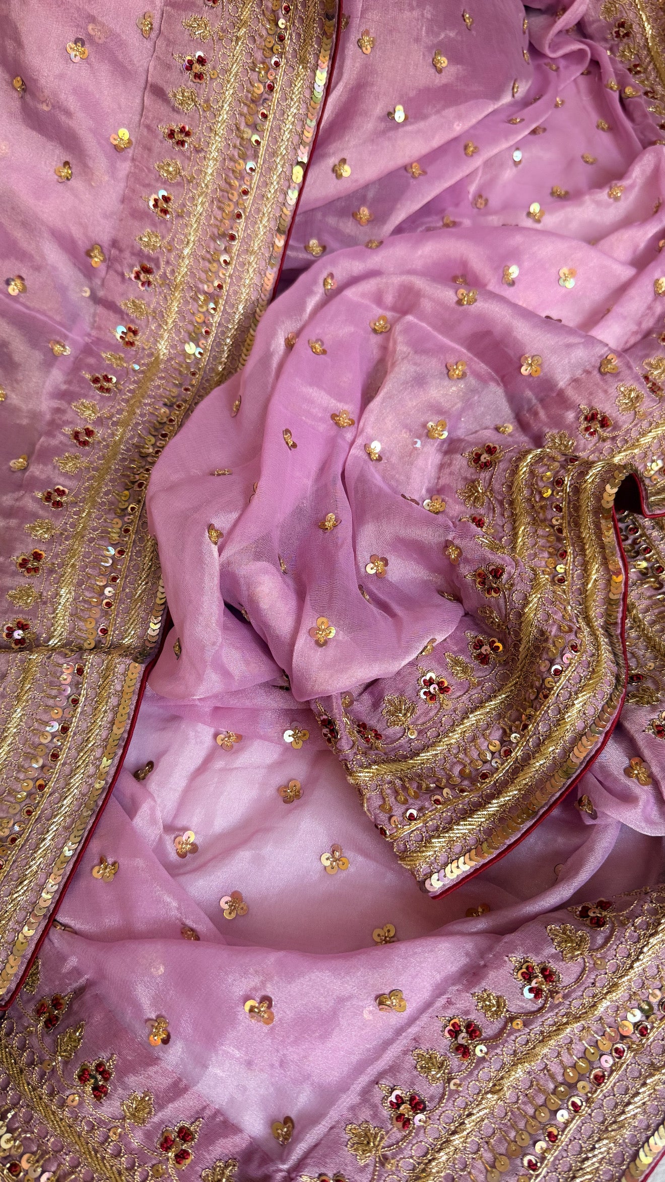 Blush pink tissue gorgette chunri buti hand embroidered kadhwa saree