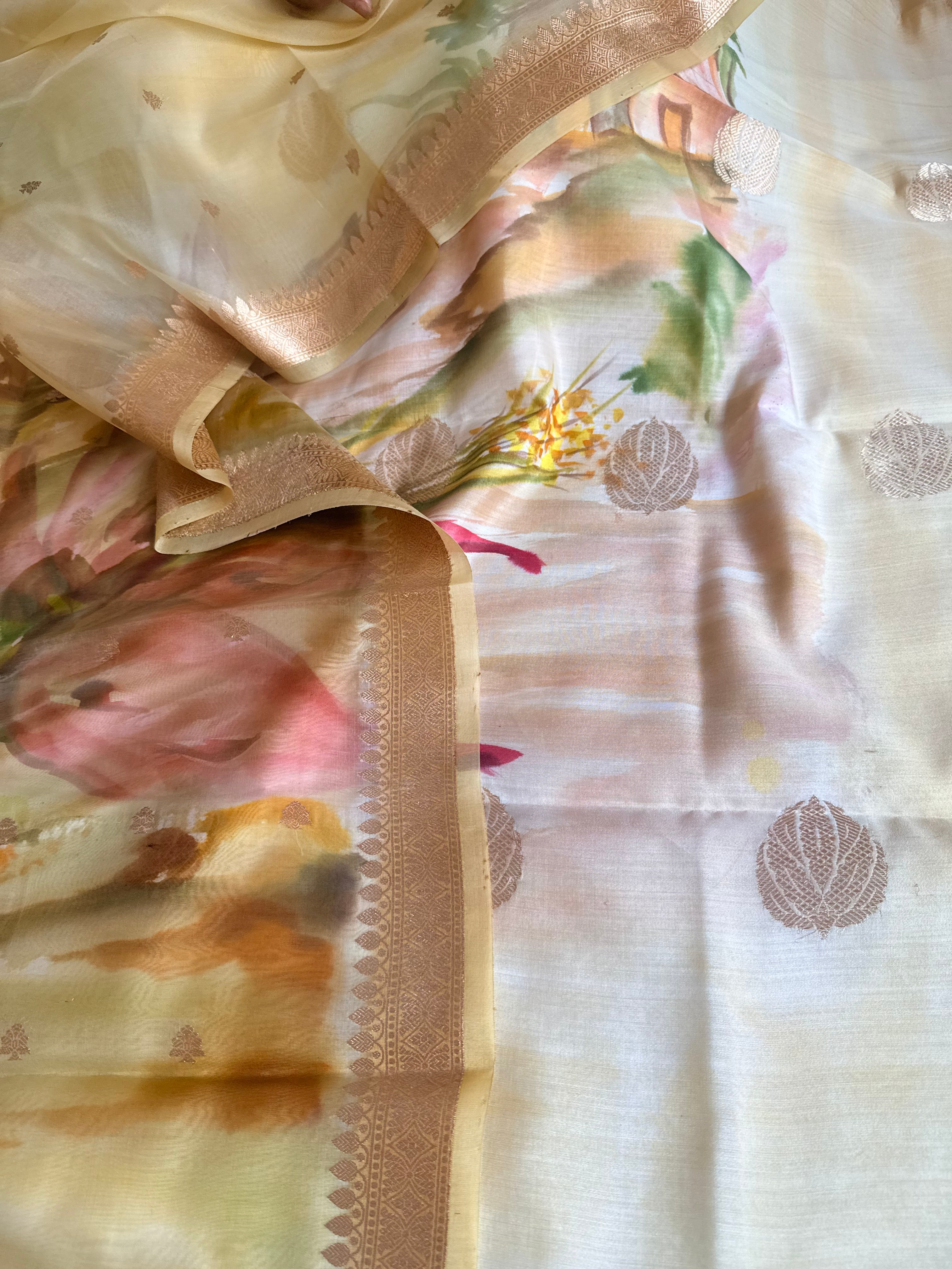 Banarasi kora silk handpainted ghatwork kadhwa buti rainbow dye suits