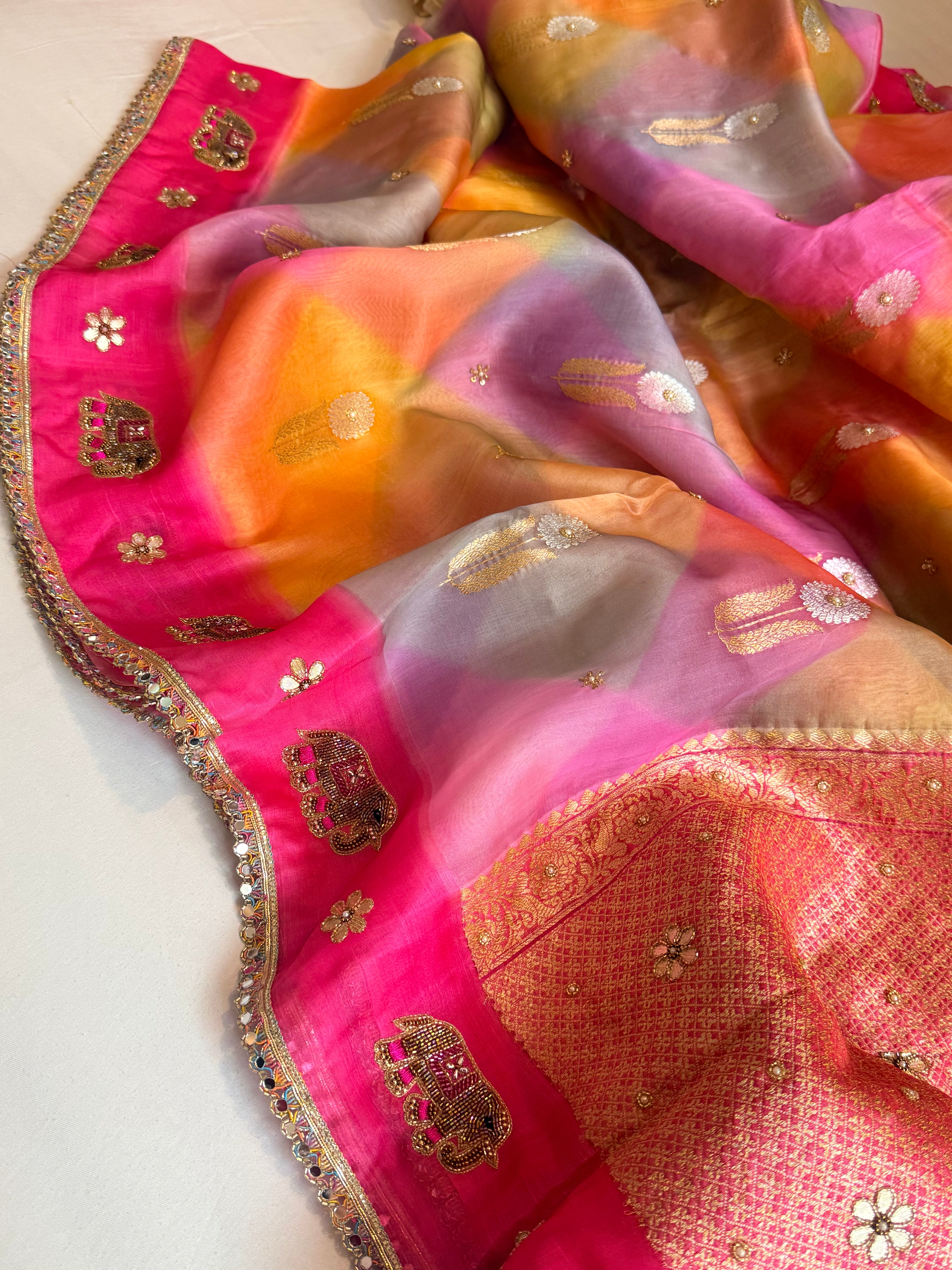 Gulab ka ras - Kora silk rangkaat weaving hand embroidered zubieda inspired saree