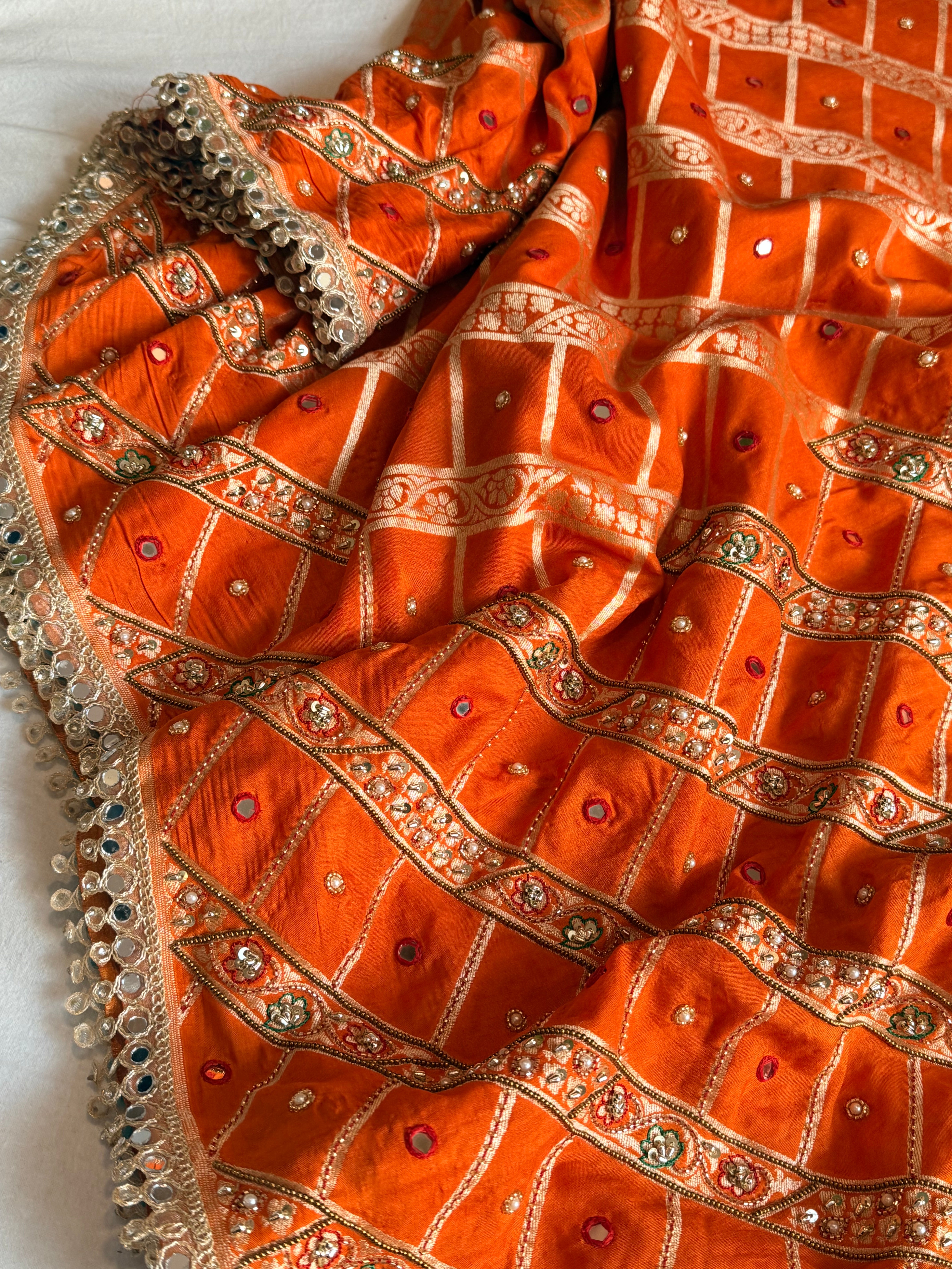 Spun chiniya silk mirrorwork hand embroidered banarasi saree